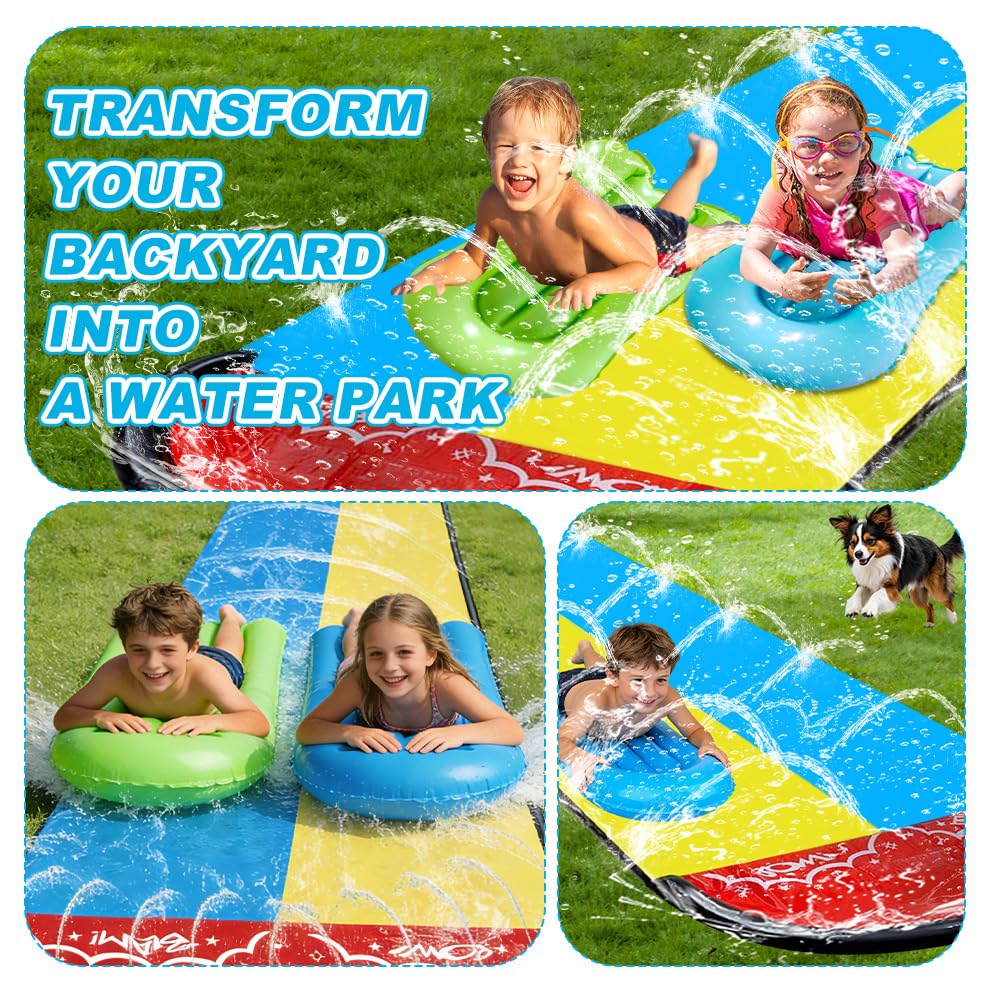 Scivolo d'acqua da giardino per bambini, 6,1 x 1,4 m, scivolo gonfiabile con 2 bodyboard, doppio scivolo d'acqua con irrigatore integrato, giocattolo acquatico per bambini adulti all'aperto