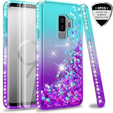 LeYi Compatible with Funda Samsung Galaxy S9 Plus S9+ Silicona Purpurina Carcasa con [2-Unidades] 3D Curvo Pet Pantalla,Transparente Cristal Bumper Telefono Fundas Case Cover para Movil S9 Plus Azul