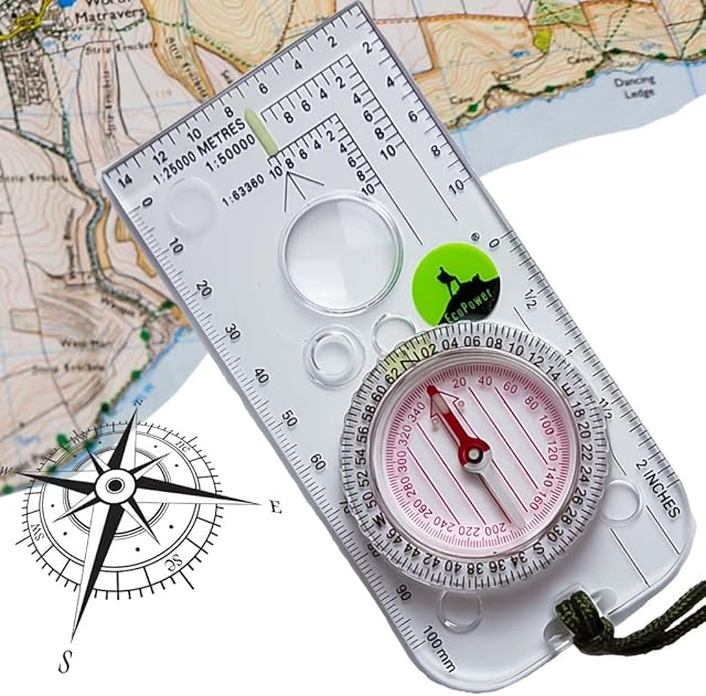 ECOPOWER SPORTS Navigation Explorer Compass For Expedition & Orienteering Perfect For Mountaineering or Hiking. Baseplate Liquid Filled, With Romer Scales & Lanyard.