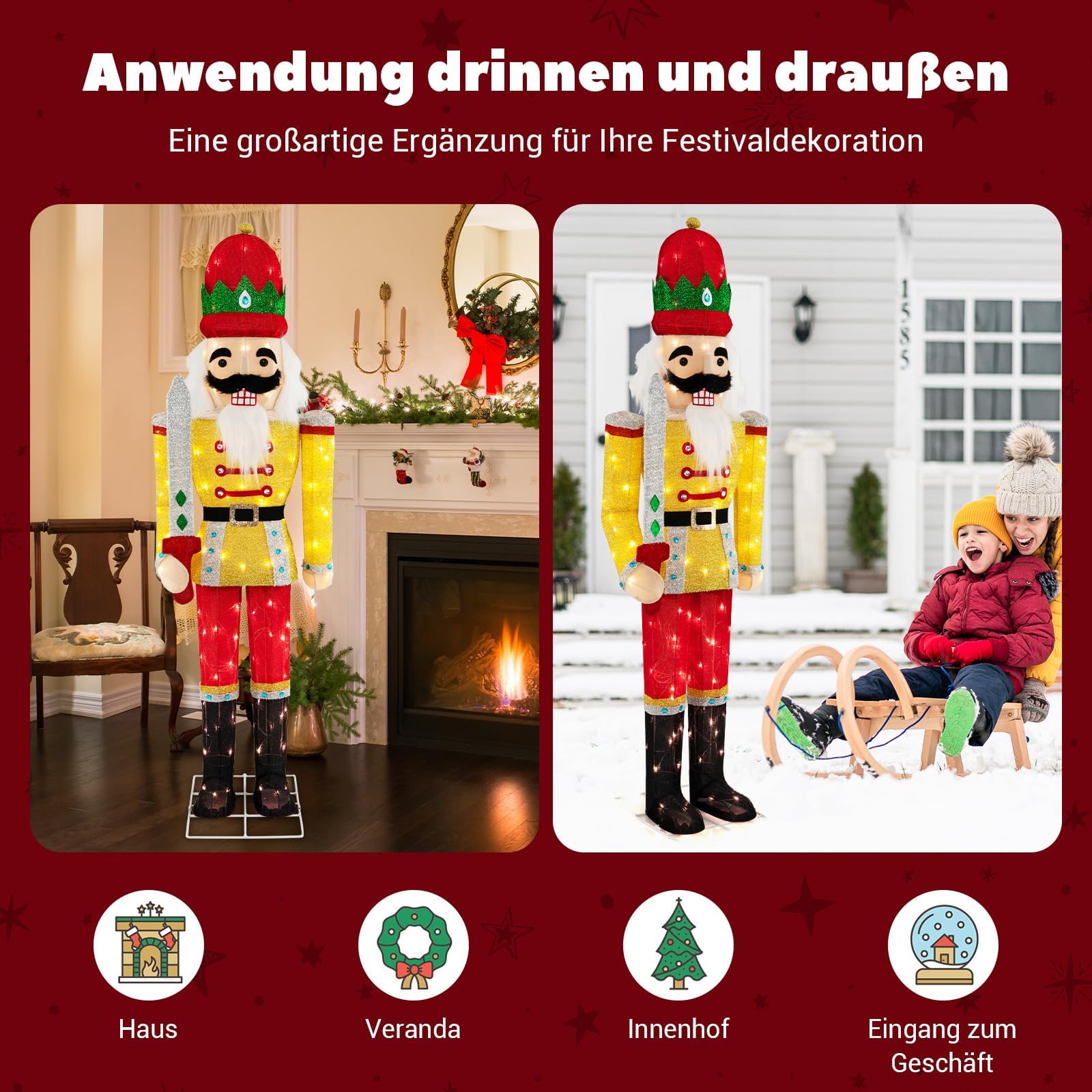 COSTWAY Weihnachten Nussknacker Figur groß, beleuchtete Weihnachtsdeko XXL, 166 cm Weihnachtsfigur mit LED-Lichtern, Weihnachtsdekoration, Weihnachtsbeleuchtung für außen und innen