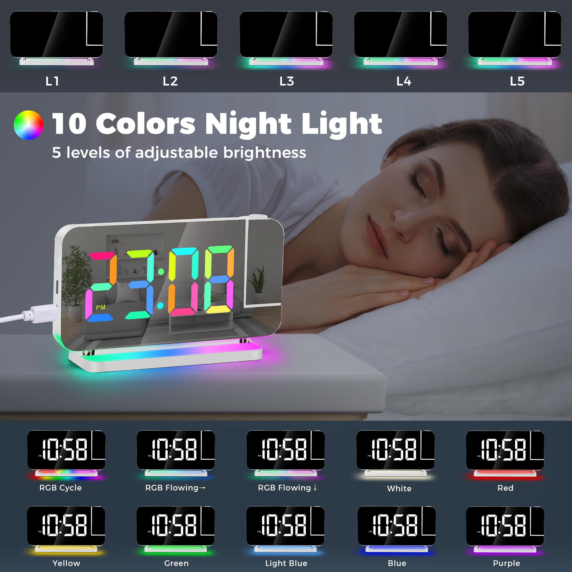 Sveglia Con Proiezione E Radio FM - Orologio Digitale Con Luce Notturna RGB, Bluetooth, E Ricarica USB-C - Foto 5