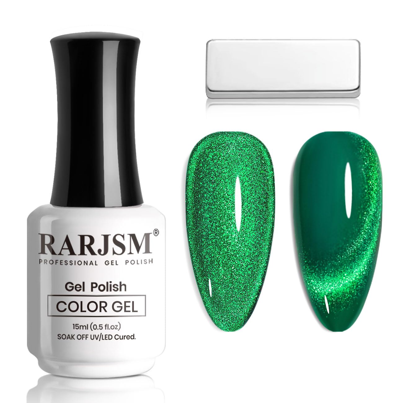 RARJSM Green Cat Eye Gel Nail Polish with Magnet Stick Diamond Emerald Green Velvet Cateye Gel Polish 15ml Single Bottle Sparkle Shimmer UV LED Curing