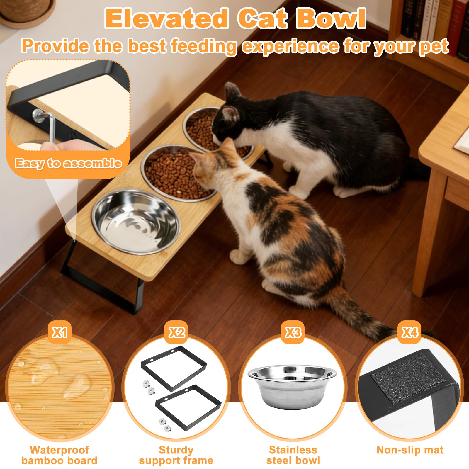 Comedero Gato Elevado con Antideslizante Alfombrilla & Soporte, 3 Comederos Gatos Acero Inoxidable Inclinado 15°, Cuenco Perro Alimentos Agua Bebedero Elevados Antivómitos para Gatos, Perros Pequeños