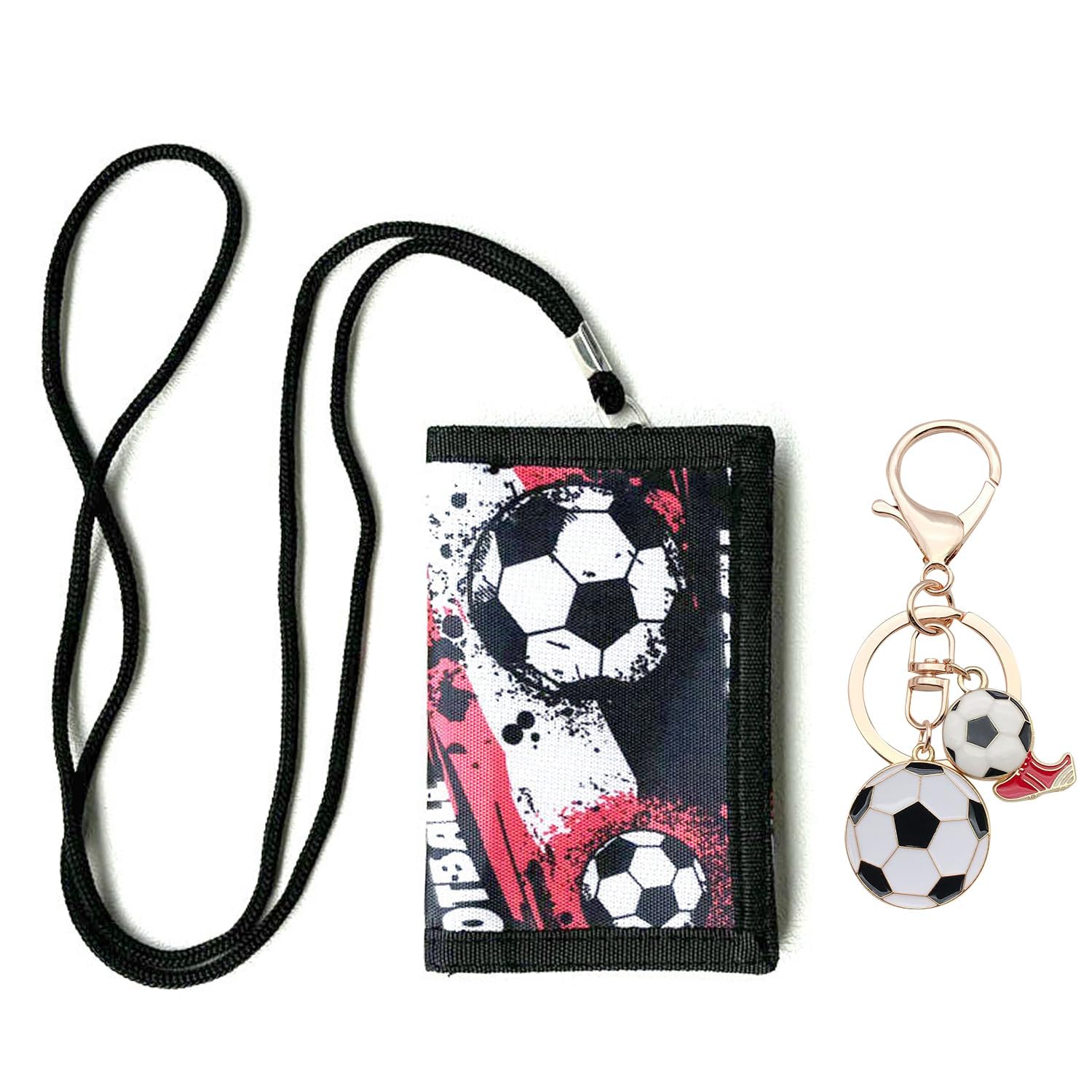 Football Boys Wallet and Football Keyring, Kids Wallets for Boys Football Gifts Neck Wallets with Lanyard Zippered Wallet with Footballs Keyrings Kids Wallet for Teenage Boy