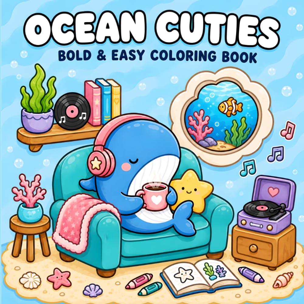 Ocean Cuties: Coloring Book for Adults and Kids, Bold and Easy Designs for Relaxation Featuring Cute Sea Animals, Underwater Adventures, Ocean Life And More