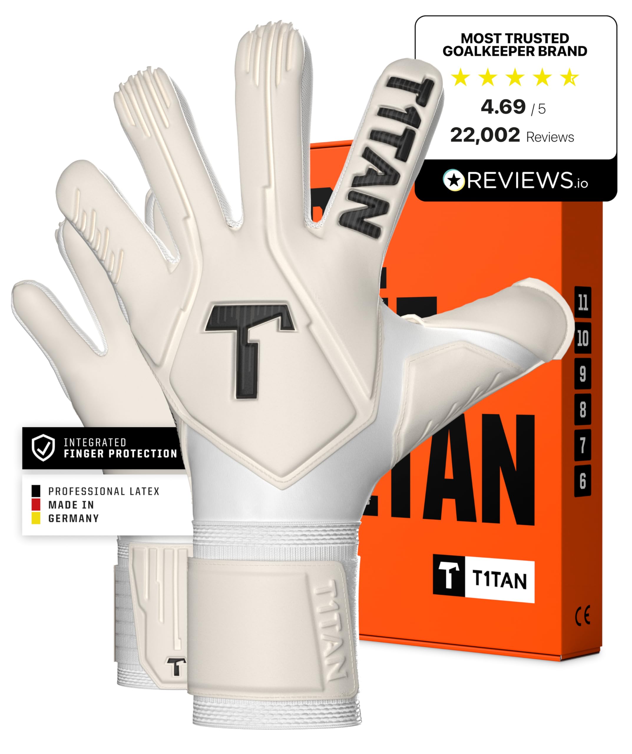 T1TAN Legend White-Out rękawice bramkarskie z ochroną palców, dla dzieci i dorosłych, profesjonalne rękawice, 4 mm, pianka przyczepna Gecko Grip Made in Germany