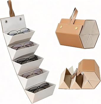 6 Slot Leather Sunglasses Organizer | Foldable Travel Sunglass Case, Soft Glasses Case for Women, Eye Glass Holder Brown