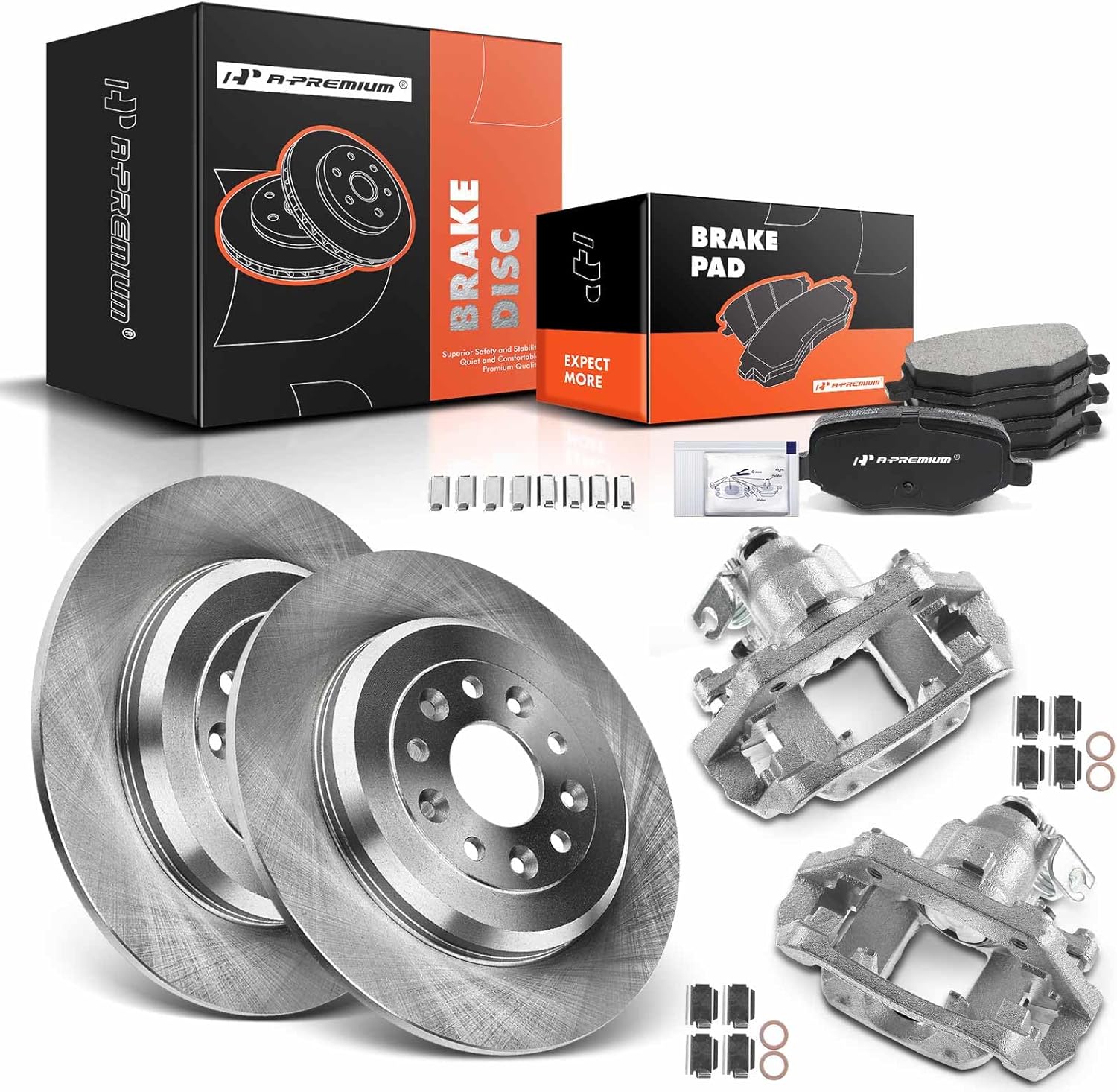 A-Premium Rear Disc Brake Rotors and Ceramic Pads Kit with Calipers Compatible with Ford Flex 2009 3.5L & Lincoln MKS 2010-2011 3.5L, MKS 2009-2011 3.7L, 8-PC Set