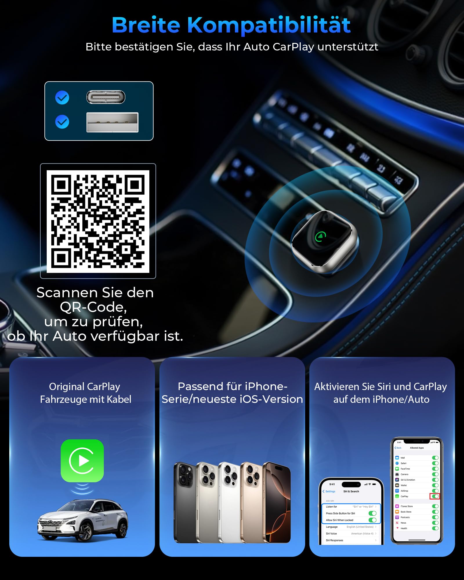 CarPlay Kabelloser Adapter für Apple iPhone – Upgrade von kabelgebundenem CarPlay auf kabelloses Gerät, Mini T-förmig für Autos automatische USB-Wiederverbindung, für Armaturenbrett-Einbau-Videogeräte