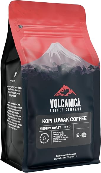 Volcanica Gourmet Coffee コピのluwakコーヒー、持続可能調達、16オンス ホールビーン