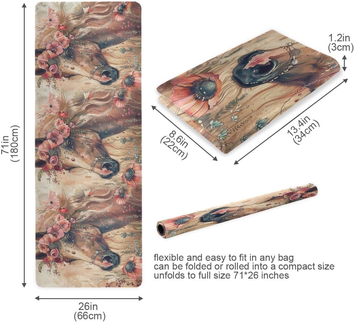 ALAZA Fashion Boho Chick Style Horse with Flowers Yoga Mat Non Slip Fitness Exercise Mat, Workout Mat for Yoga, Pilates and Floor Exercises