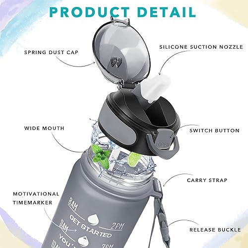 Miniatura 9 de Enerbone Botella de agua potable de 32 onzas con tiempos para beber y pajita, motivacional con correa de transporte, a prueba de fugas BPA y sin