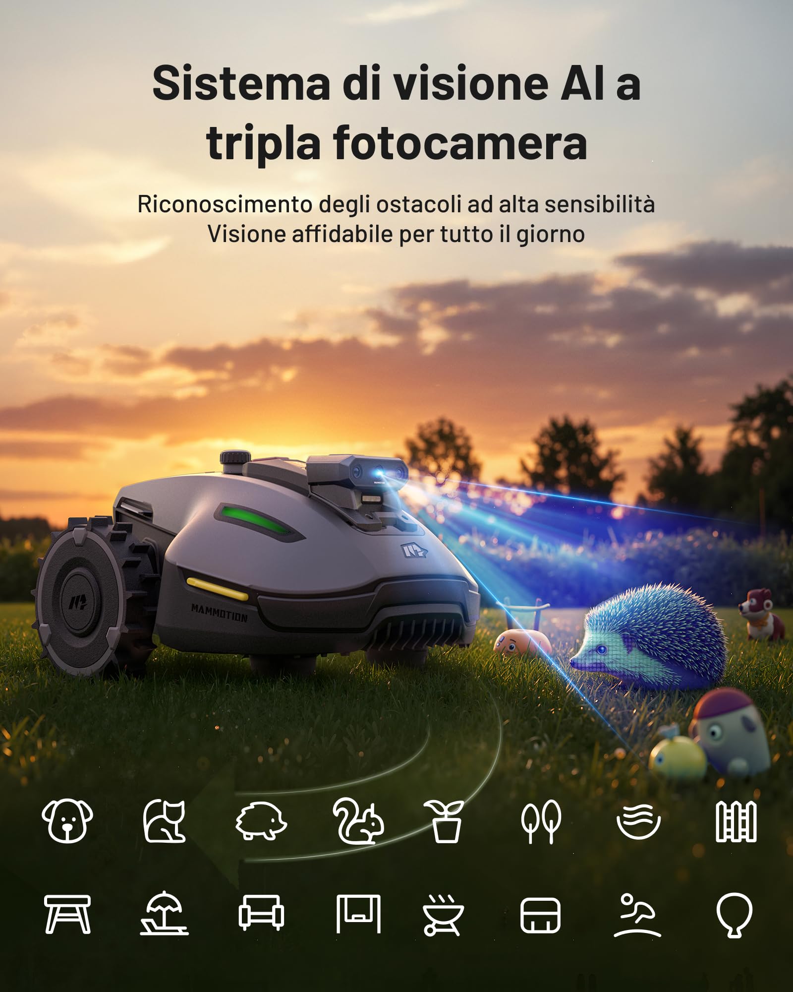 Mammotion YUKA mini Vision Robot Tagliaerba Senza Filo Perimetrale, Senza RTK, Navigazione AI Vision a Tripla Telecamera, Max.700 m², Mappatura Automatica, Controllo via App o Voce, Pendenze 45%