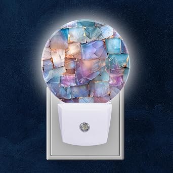 Round LED Night Lights Lamp with Dusk to Dawn Sensor, Fragmented Blue Purple Tiles with Rusty Accents Night Light Plug Into Wall for Kids Room, Bedroom, Bathroom, Kitchen, Hallway