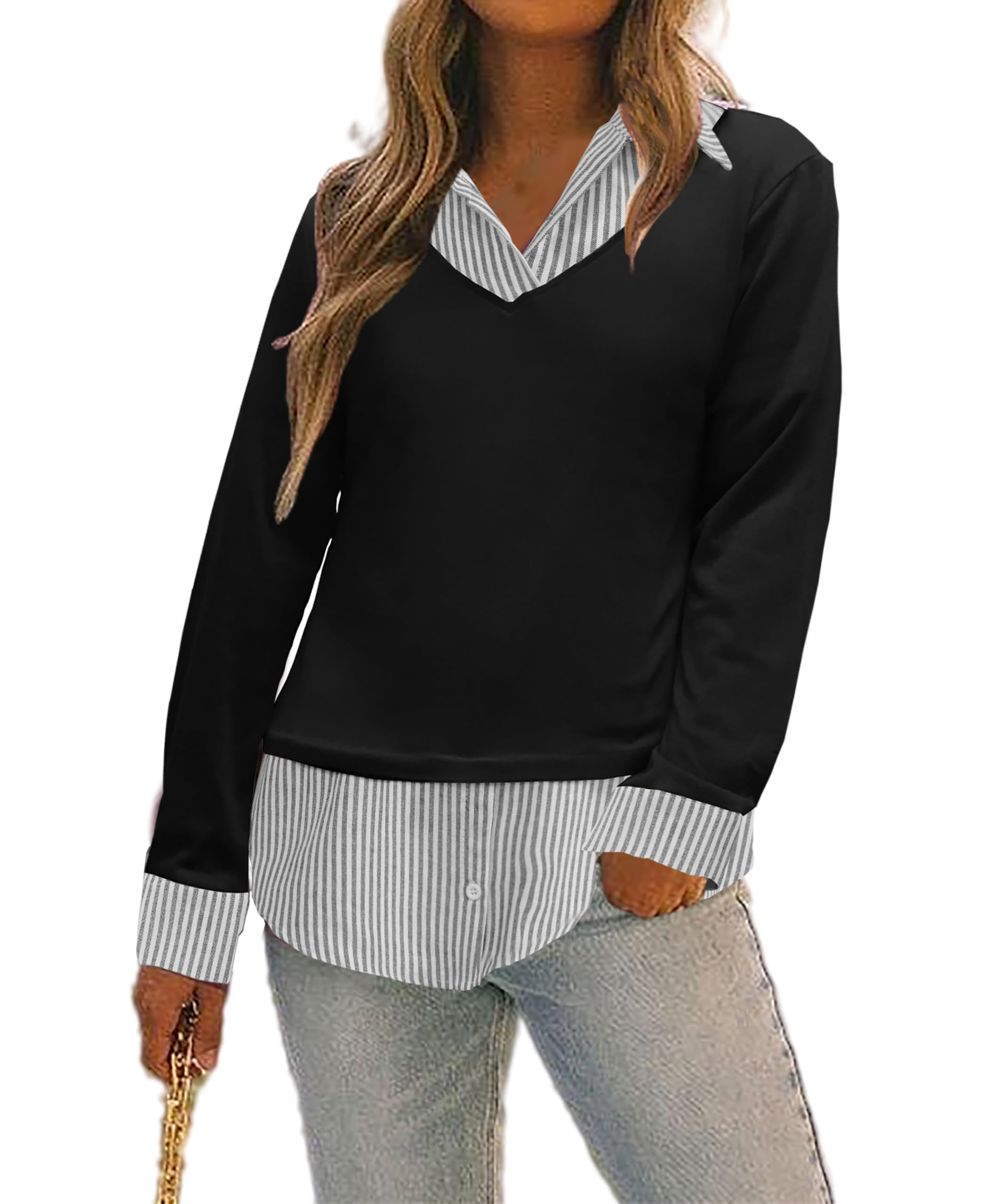 Oyamiki Womens Casual Collared Curved Hem 2 in 1 Pullover Tops Plaid Contrast Shirt Blouse