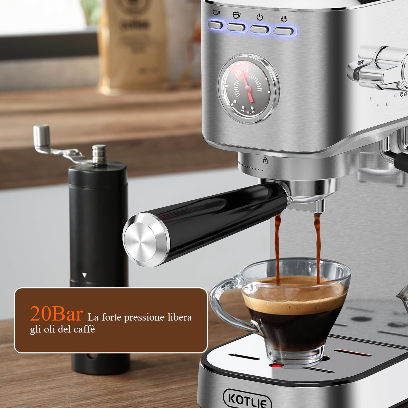 KOTLIE CM5080 Macchina per Espresso, Macchine per Cappuccino Con Montalatte e Manometro Visivo,20 Bar,1350 W,1 L Rimovibile Serbatoio