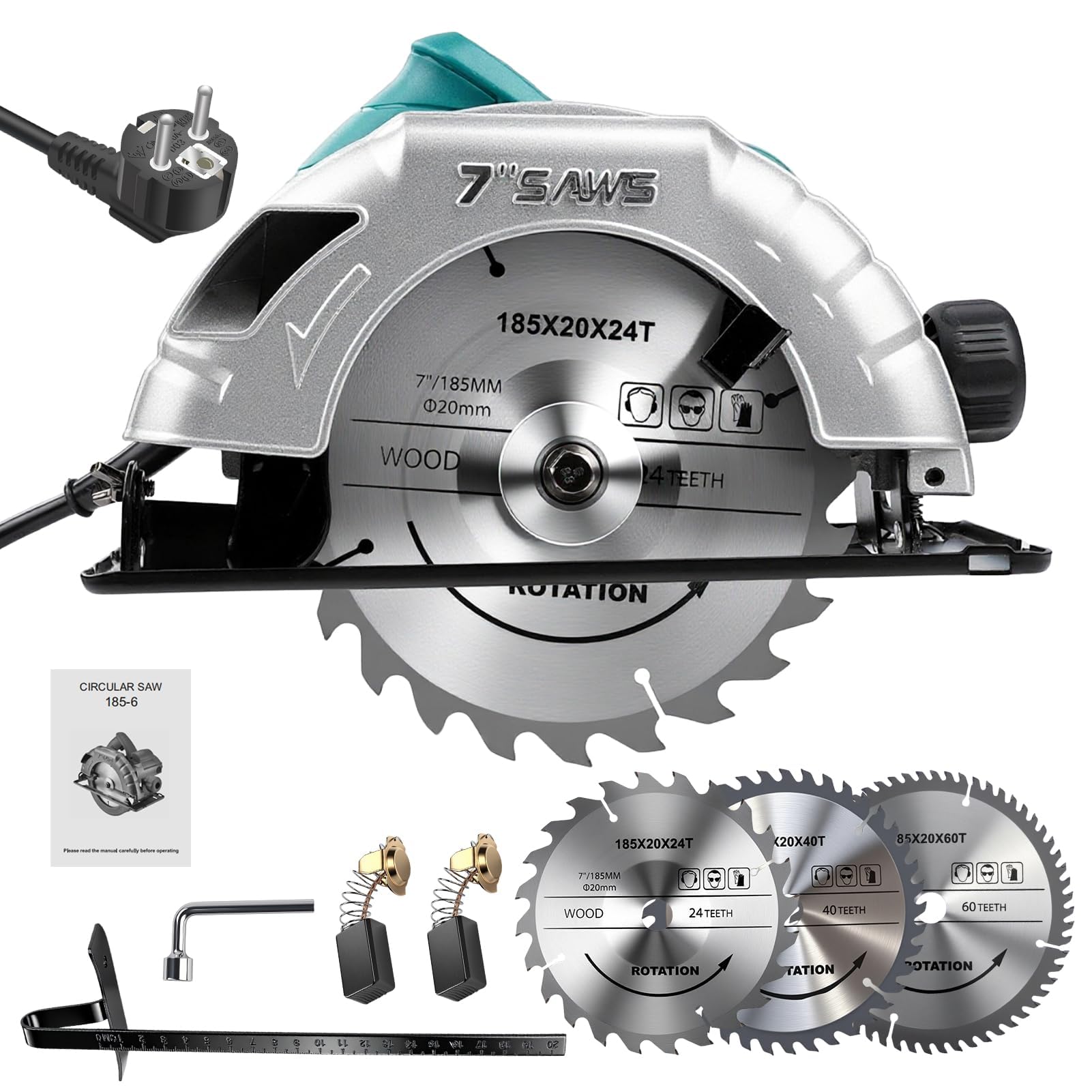 Sierra Circular Eléctrica de 1200 W, 220V 5200 Rpm Potente Velocidad Variable Ángulo Y Profundidad Ajustables, Con 3X Hojas de 185mm 24T/40T/60T, para Carpintería Doméstica, Tubos de Pvc