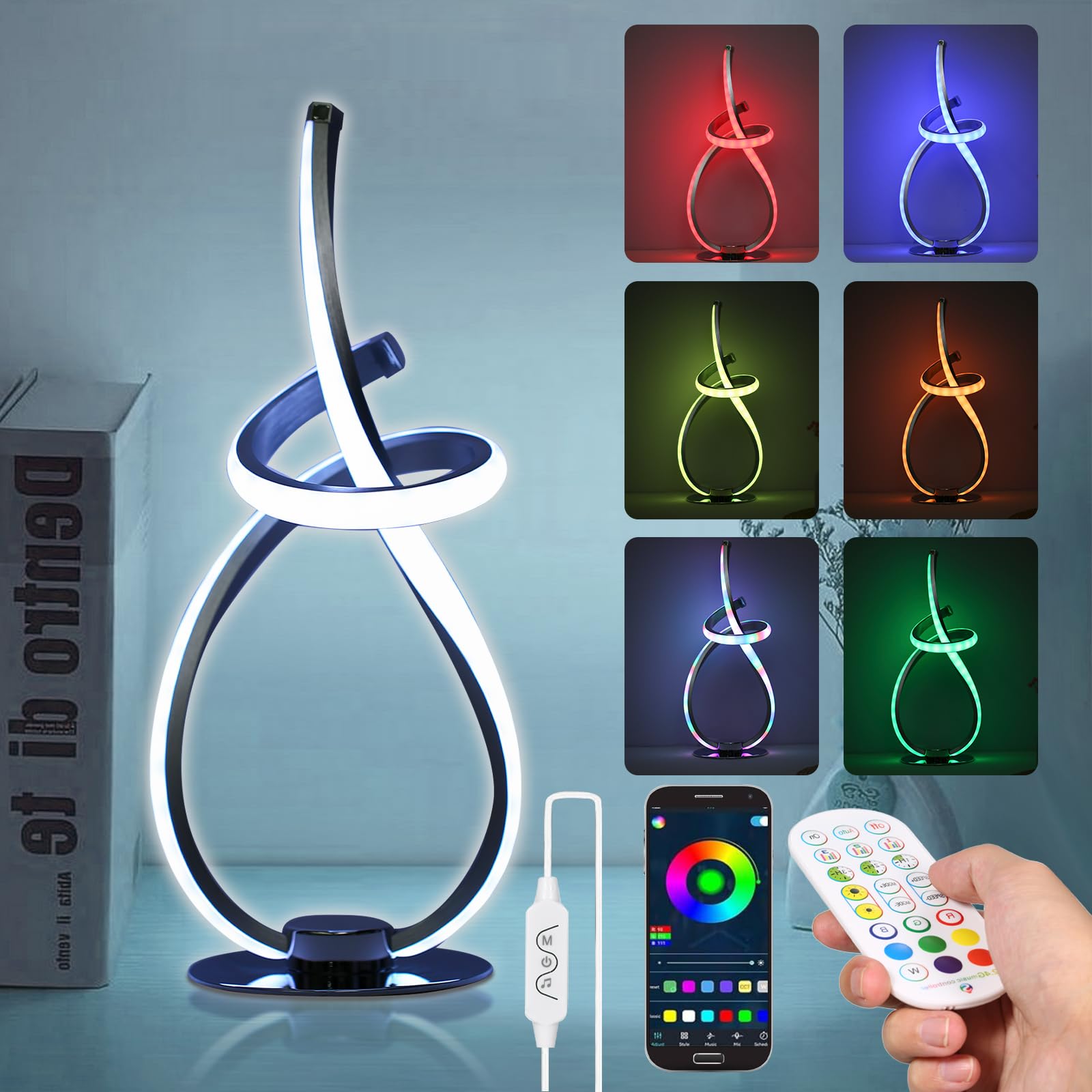 Neoglint Modern Spiral RGB Table Lamp Color Changing Night Light Music Sync Ambient LED Nightstand Lamp Dimmable Bedroom Lamp Unique Lamps for Home Decor Living Room Bedroom Office