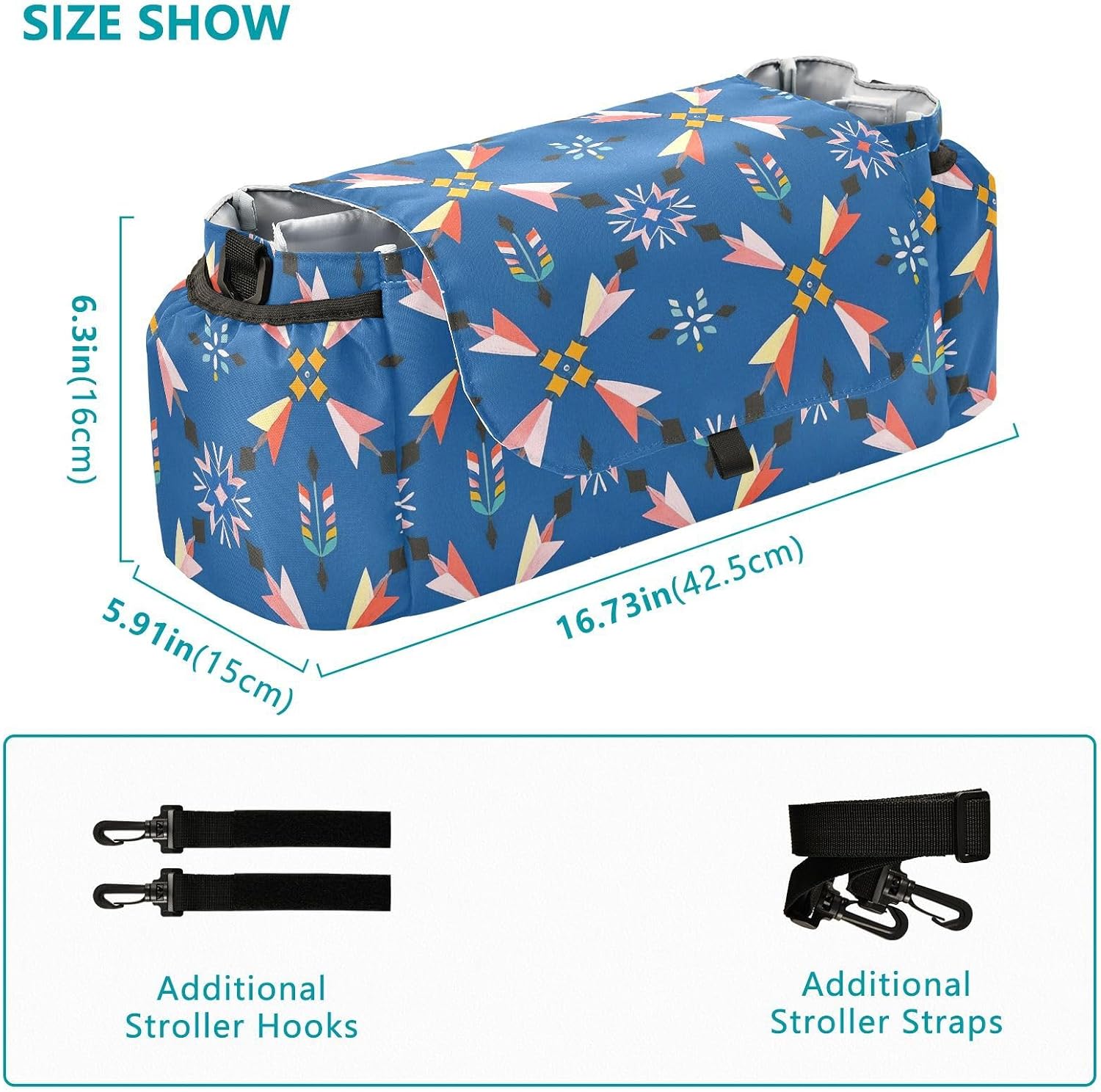 Boho Arrow Pattern Blue stroller holder organizer caddy stroller zippered pocket carrito para acesorios para baby