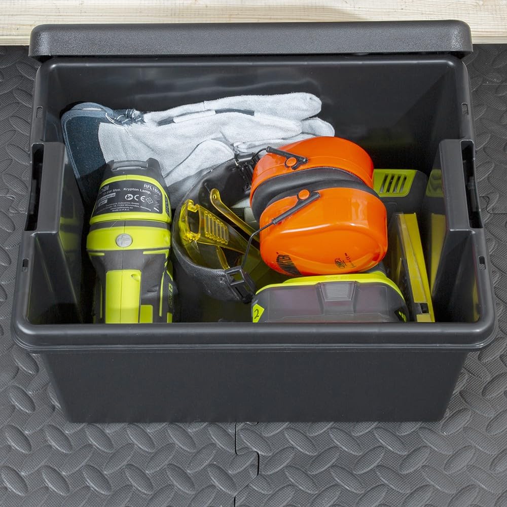 Box and beyond – Caja de almacenamiento – 40 x 59,5 x 37 cm – 62 l – Plástico negro – Almacenamiento, herramientas, bricolaje, ultra resistente, reutilizable, garaje o sótano, lavadero