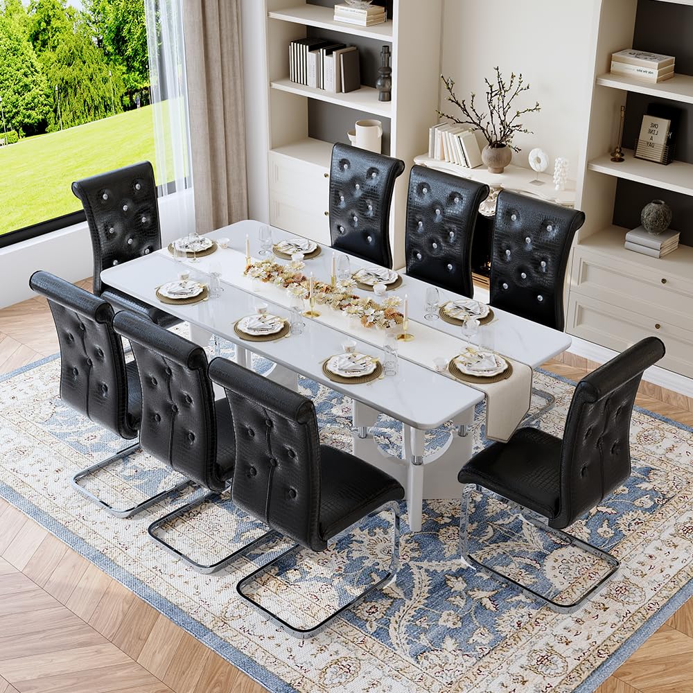 MUUOKY 71'' Dining Room Table Set for 8，Faux Marble Table Set for 8 with PCV Leather Chairs for Kitchen, Dining, Bar, Living Room