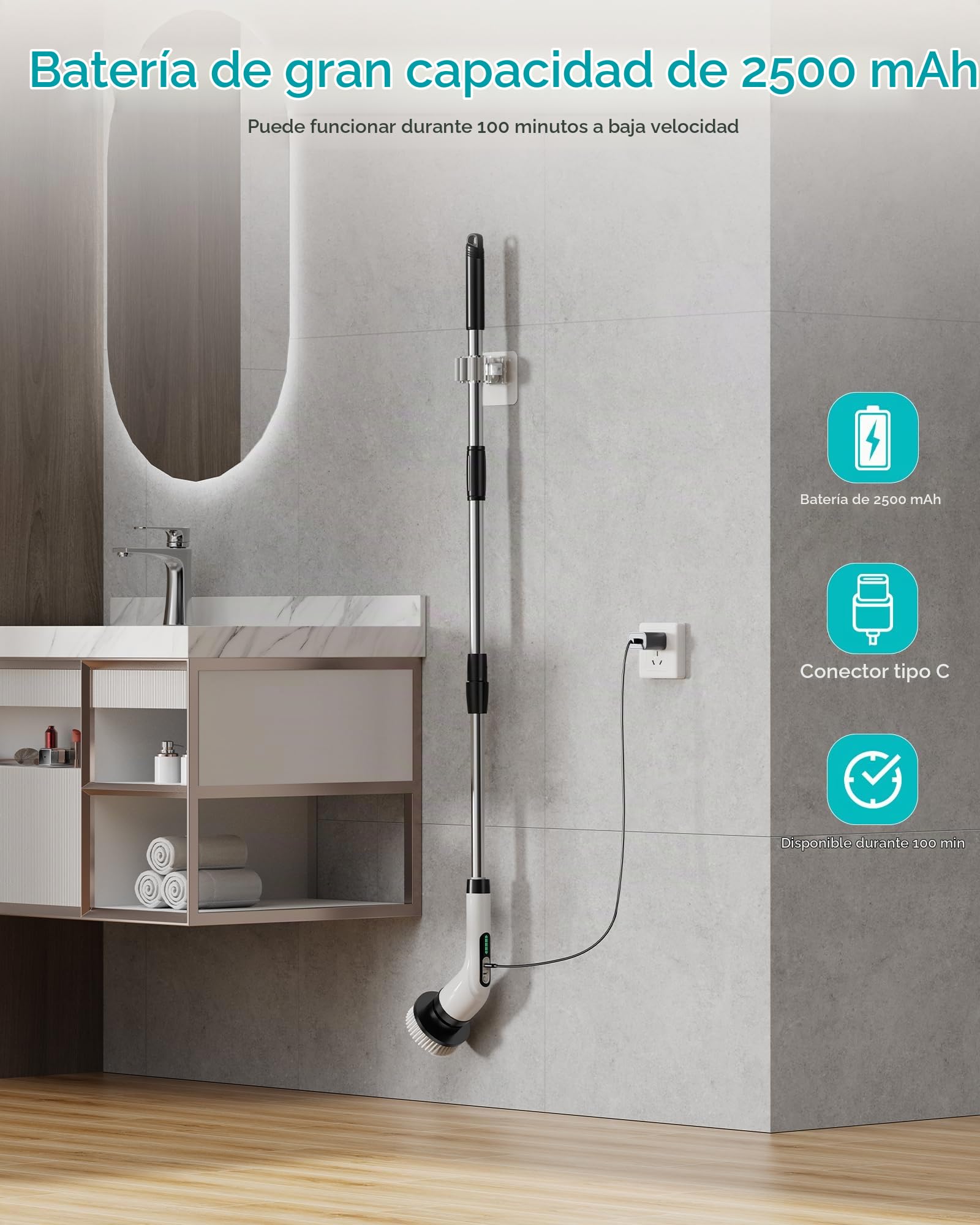 Cepillo De Limpieza Electrico: Limpiador Giratorio Eléctrico con 7 Cabezales De Cepillo De Repuesto - Fregadora Giratoria Hogar - Baño Brush 2 Velocidades Ajustables con Mango Extensión Ajustable