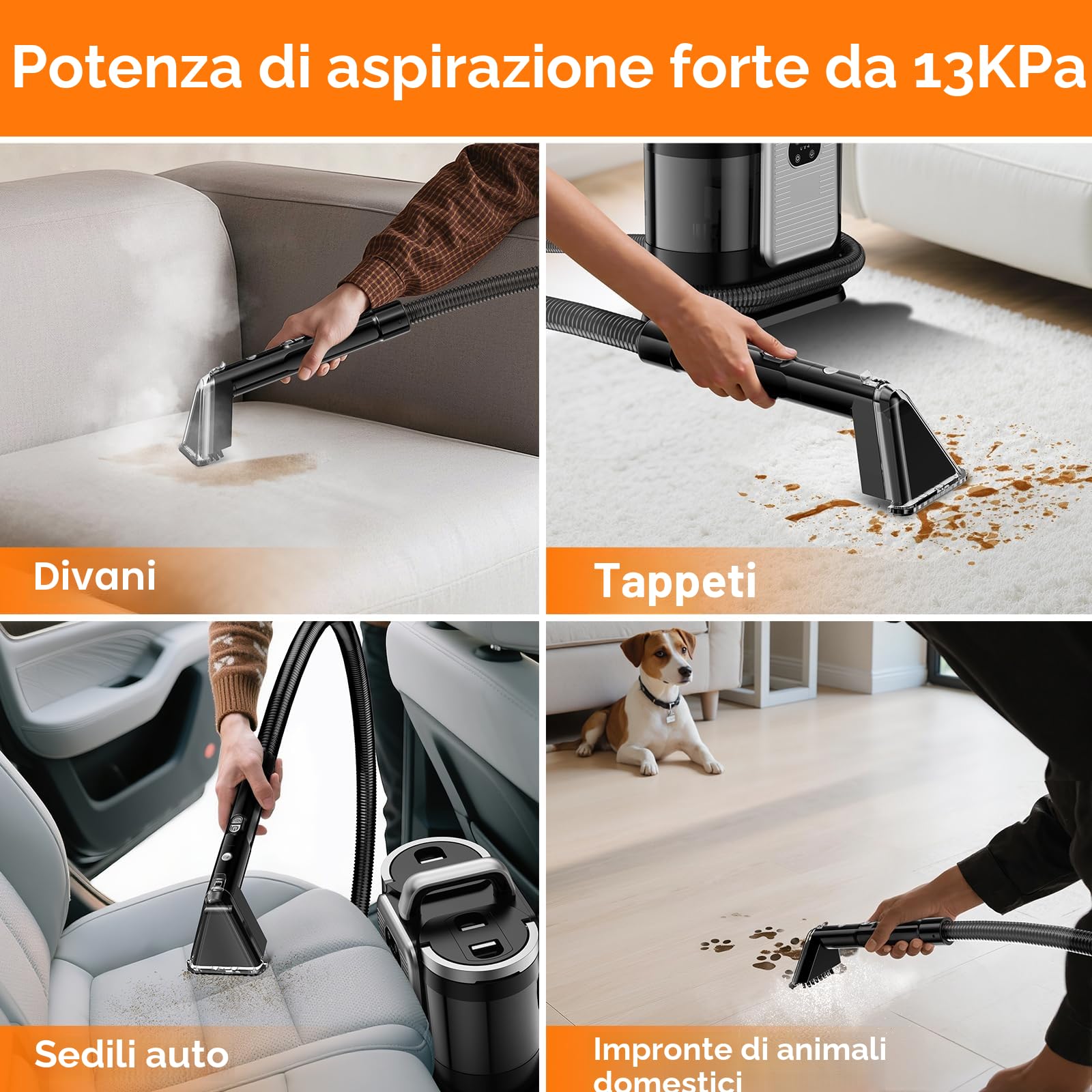 Lavatappeti Portatile, 1650W Aspirapolvere Pulitore di Tappeti con Cinque Modalità di Decontaminazione, 13Kpa Lava Divano ad Acqua a Secco Umido con 2 Serbatoi D'acqua Rimovibili