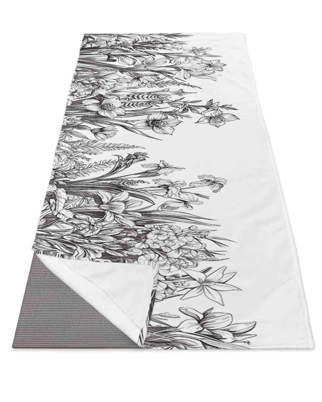 DecorLovee Yoga Mat Towel for Hot Yoga, Black Spring Floral Absorb Sweat Microfiber Yoga Towel Non Slip Yoga Mat Towel with 4 Corner Pockets for Bikram, Watercolor Botanical Summer Vintage 26