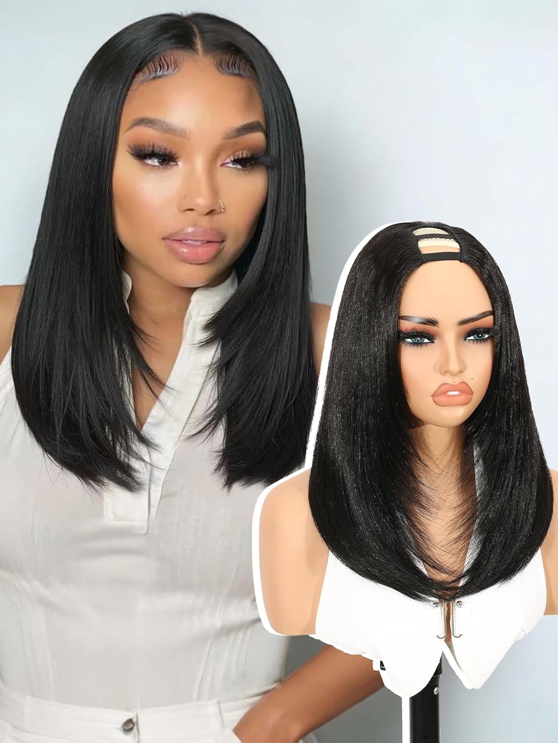 Quantum Love Yaki Straight Layered U Part Wig V Part Bob Half Wigs for Black Women Short Black Glueless Natural Looking Heat Resistant Synthetic Hair Replacement Wig