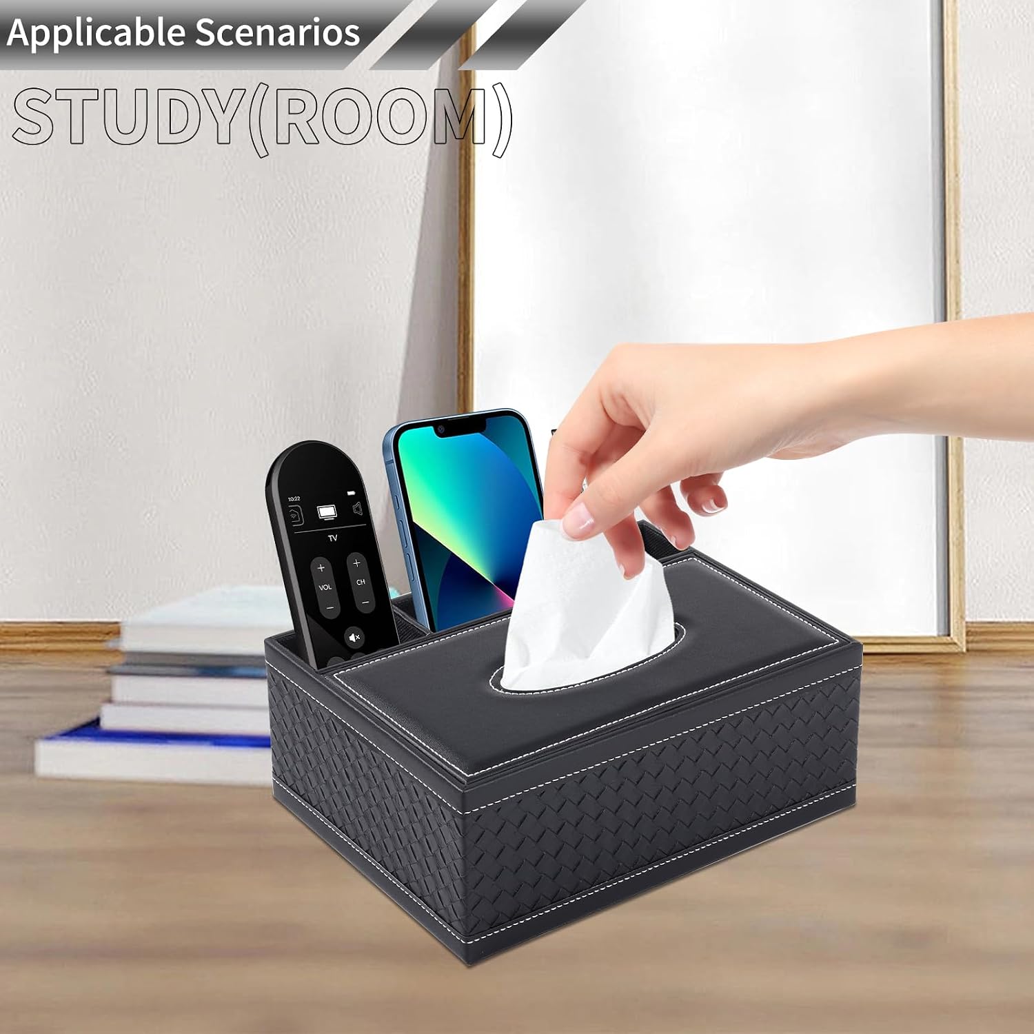 PU Leather Rectangular Tissue Box Cover - Multifunctional Tissue Box Holder with Stationery Remote Control Box, Decorative Tissue Pen Remote Organizer for Home/Office/Restaurant image 2