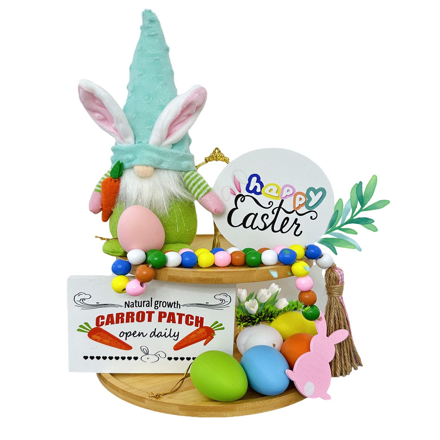 Easter Decorations-Easter Tiered Tray Decor-Easter Spring Table 2 Wooden Signs Gnomes Bunny,egg,Bead Garland Bundle-RusticTiered Tray Items (Easter Decorations)