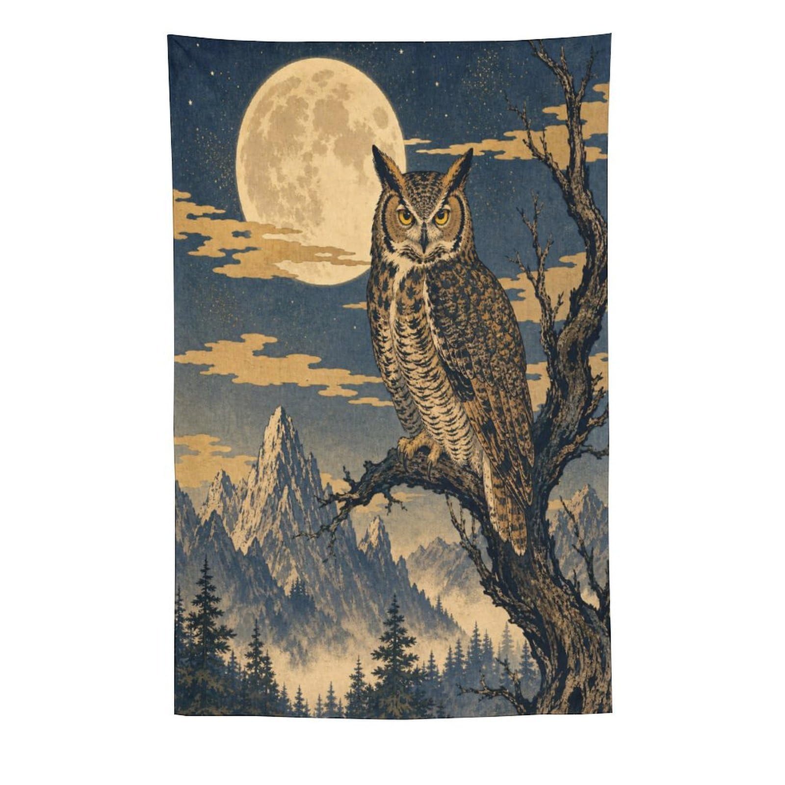 H3B8U2Y5 Moon Owl on Branch Wall Tapestry, Realistic Illustration Style