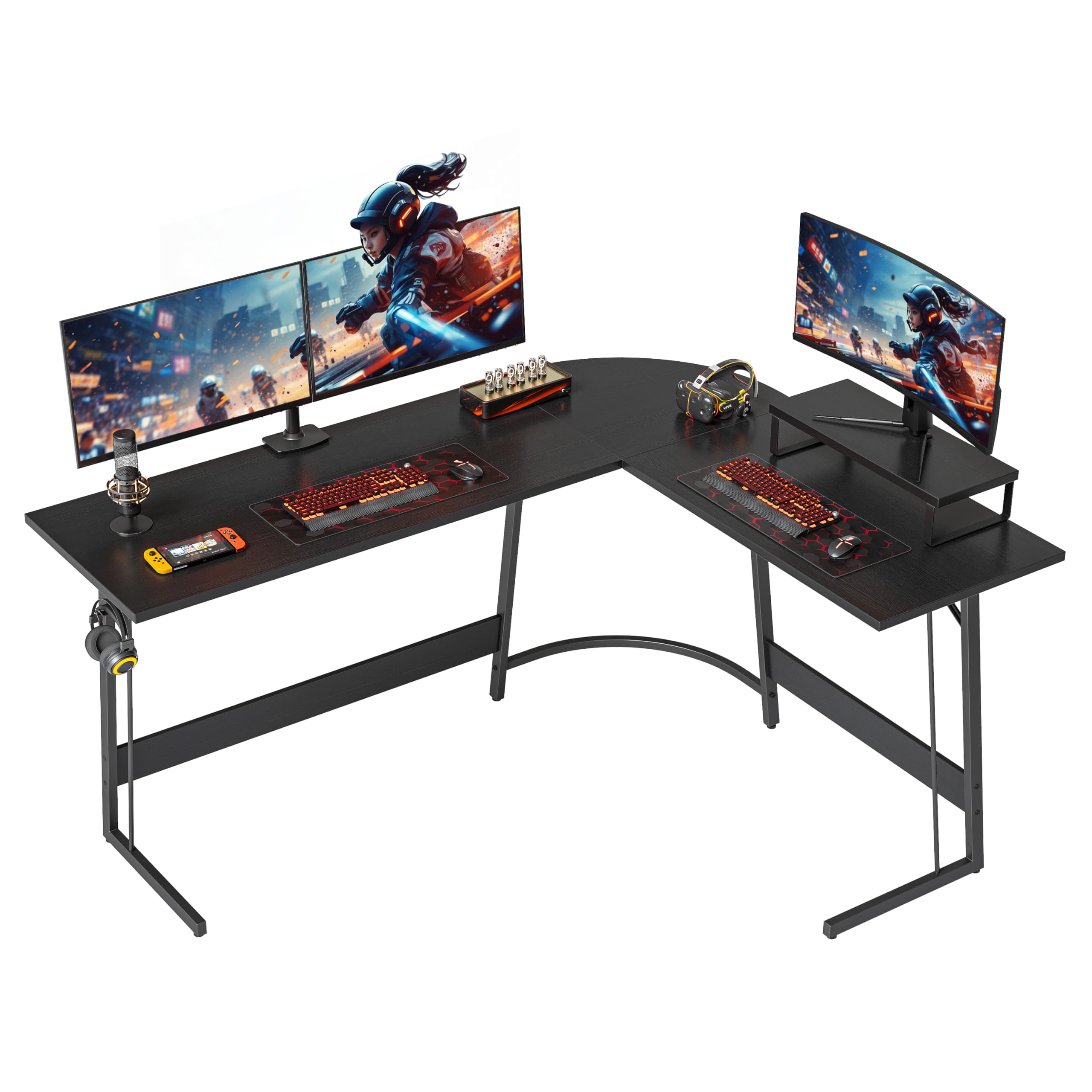 Cubiker L Shaped Gaming Desk Computer Office Desk, 150 cm Corner Table with Large Monitor Stand for Home Office Study Writing Workstation, Black