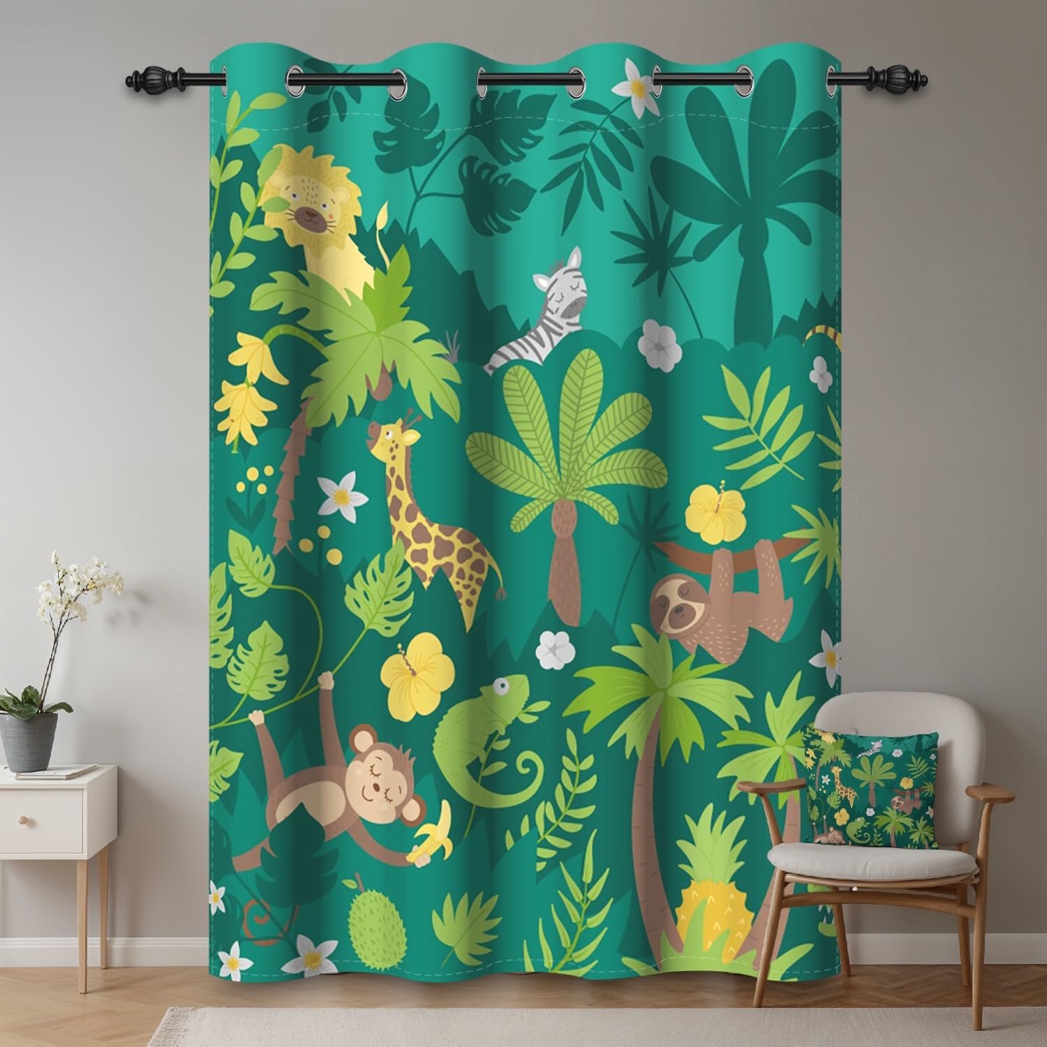 ggaimwf 53"x 69" Cartoon Animals Eyelet Curtain for Kids Bedroom Green Forest Tropical Colorful Cute Zoo Insulated Thermal Grommet Blackout Window Drapes for Boy's Nursery Playroom,1 Single Panel - Image 2