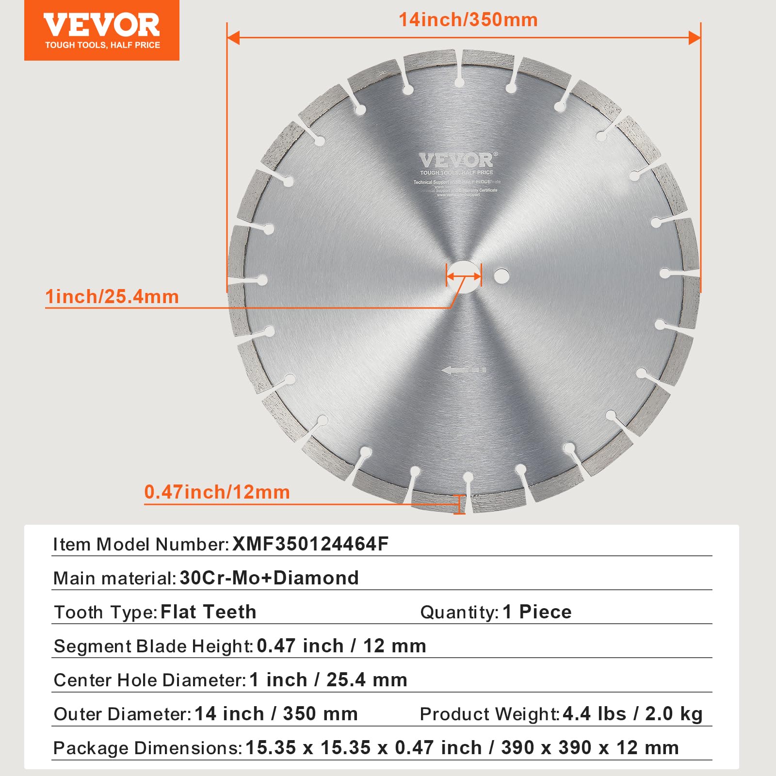 VEVOR Disque à Tronçonner Diamanté 350 mm, Disque Diamant Humide ou Sèche, Lame de Scie à Béton avec Dents Plates de 12 mm, Diamètre du Trou Central Universel 25,4 mm, pour Béton, Carrelage, Brique
