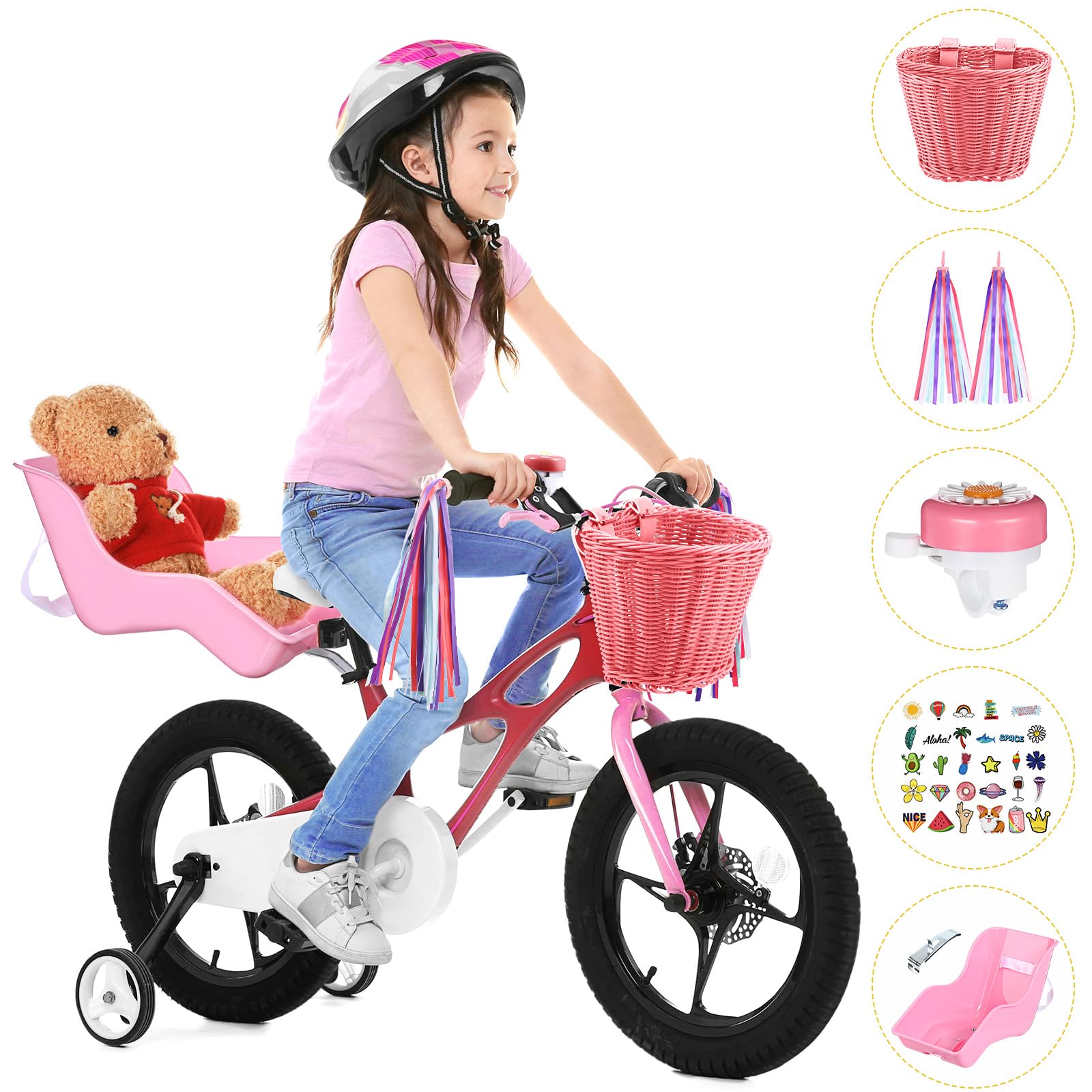 Asiento de bicicleta para muñeca con 30 calcomanías, cesta de bicicleta para niños, manillar de bicicleta, cintas coloridas, borla, margarita, campana de bicicleta para niñas, niños, 5