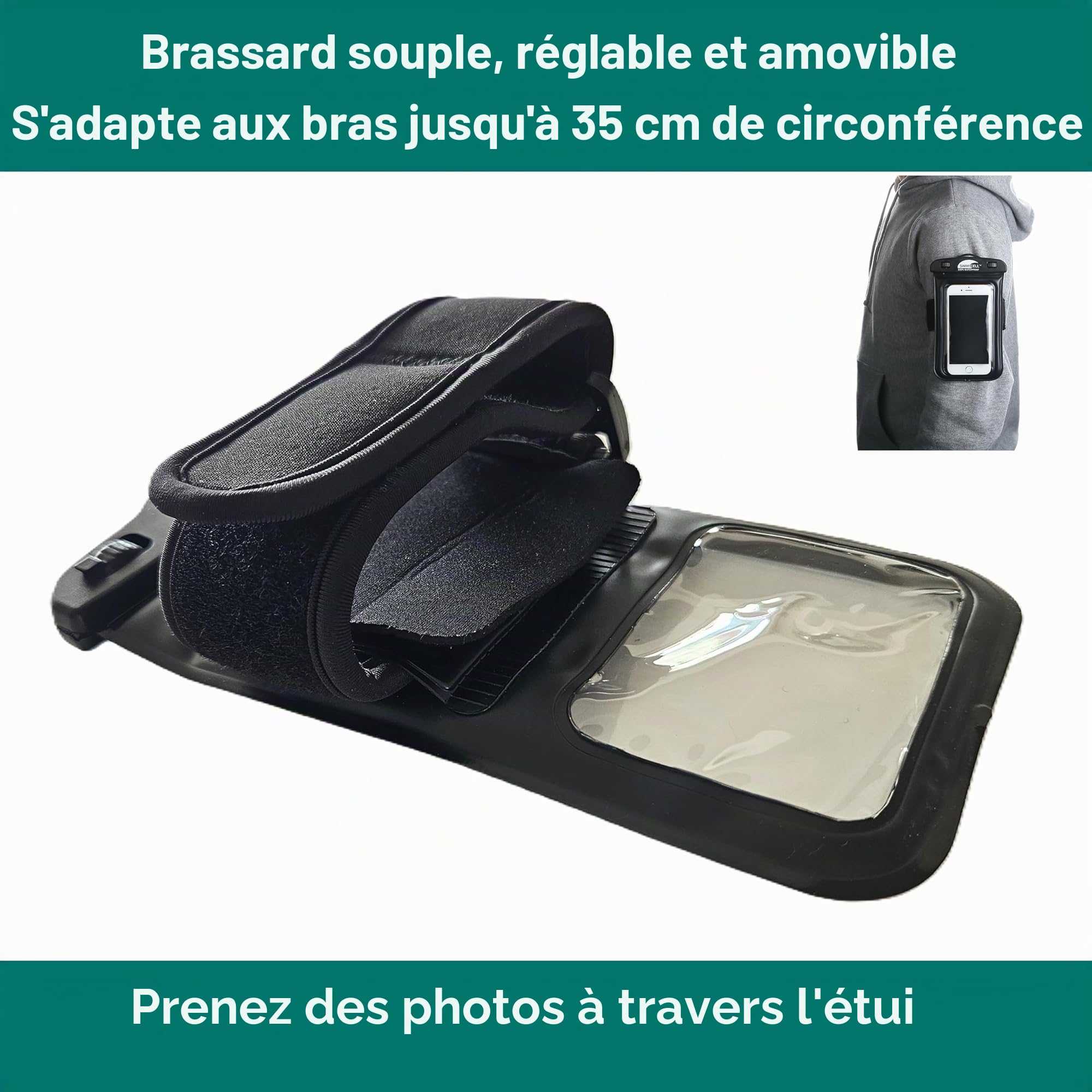 SwimCell Brassard Téléphone Sport Course Étanche Running. Pochette Natation Course Marche. Convient Téléphones Jusqu'à 17 cm. iPhone 11-13 Samsung Galaxy S Android. Standard - Noir
