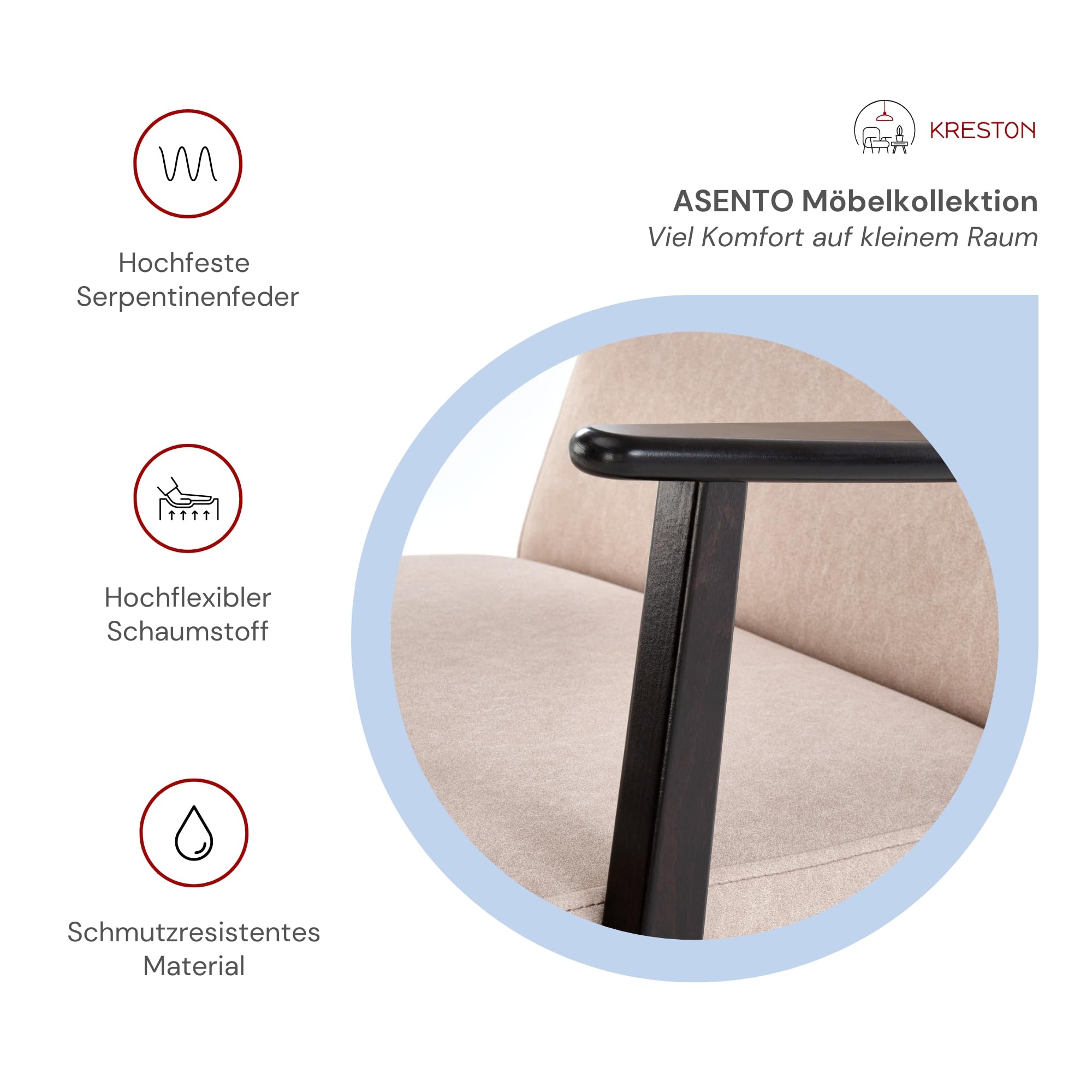 KRESTON Sessel ASENTO, Retro Cocktailsessel aus Massivholz für Wohnzimmer, TV Sessel