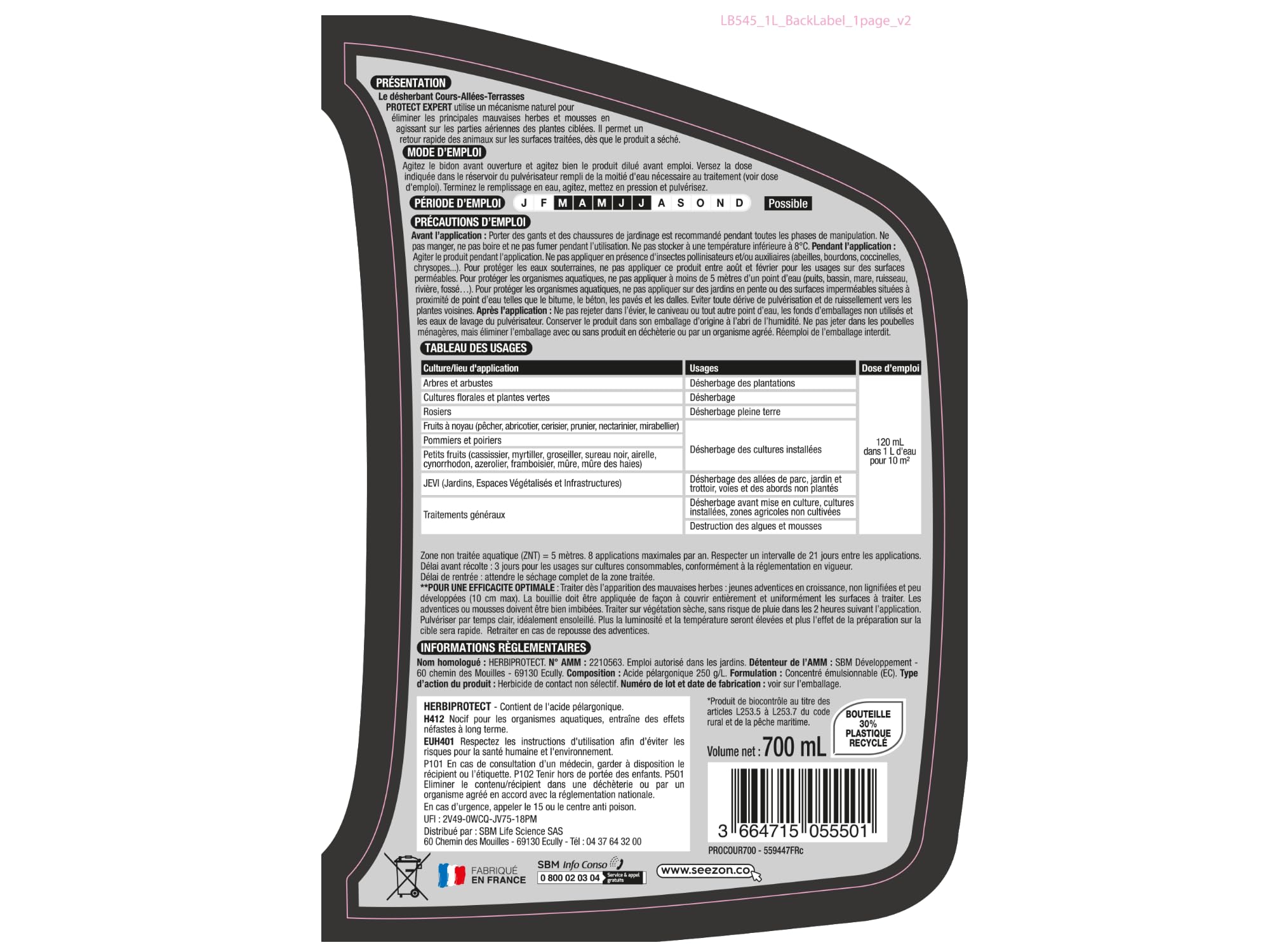 PROTECT EXPERT Désherbant Concentré - Cours Allées Terrasses - Effets Visibles Sous 3h - 700ml - Jusqu’à 58m² Traités - Bidon Doseur PROCOUR700