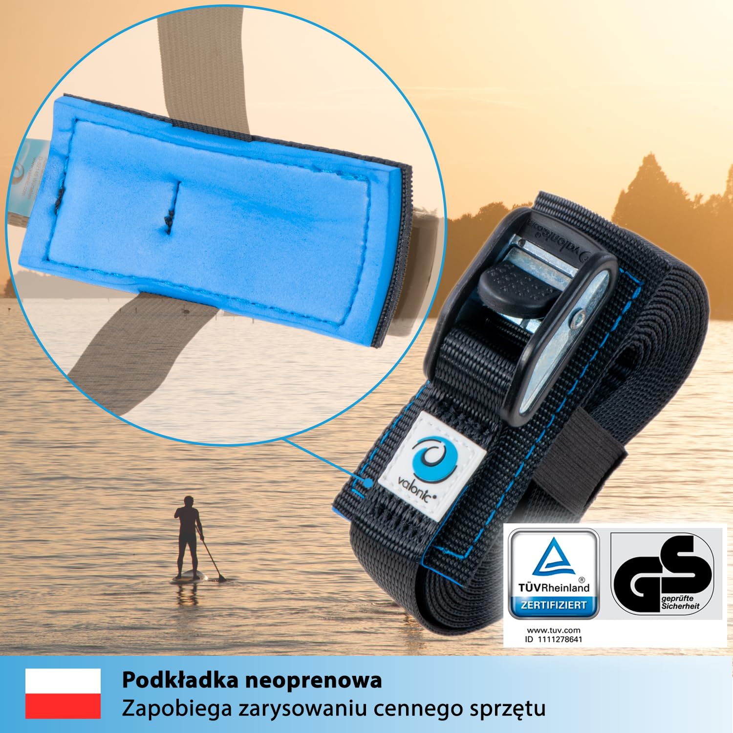 valonic Dolphin - 2x 2m Pasy mocujące, 25mm, 500Kg, wyściełane, certyfikat TÜV Rheinl. / GS, EN-12195-2 - Pas mocujący z zamkiem zaciskowym do samochodowego bagażnika dachowego, deski SUP