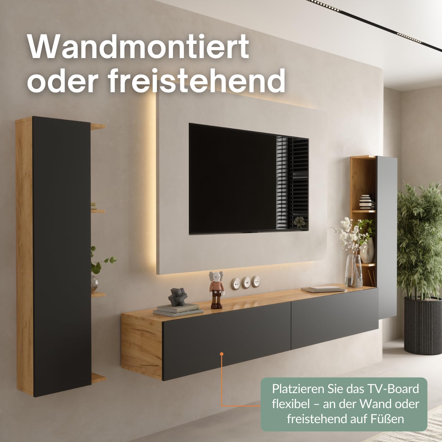 Planetmöbel TV Wohnwand Wohnzimmer 2X 100 cm Gold Eiche/Anthrazit, mit 2X 40cm Seitenschränken Gold Eiche/Anthrazit