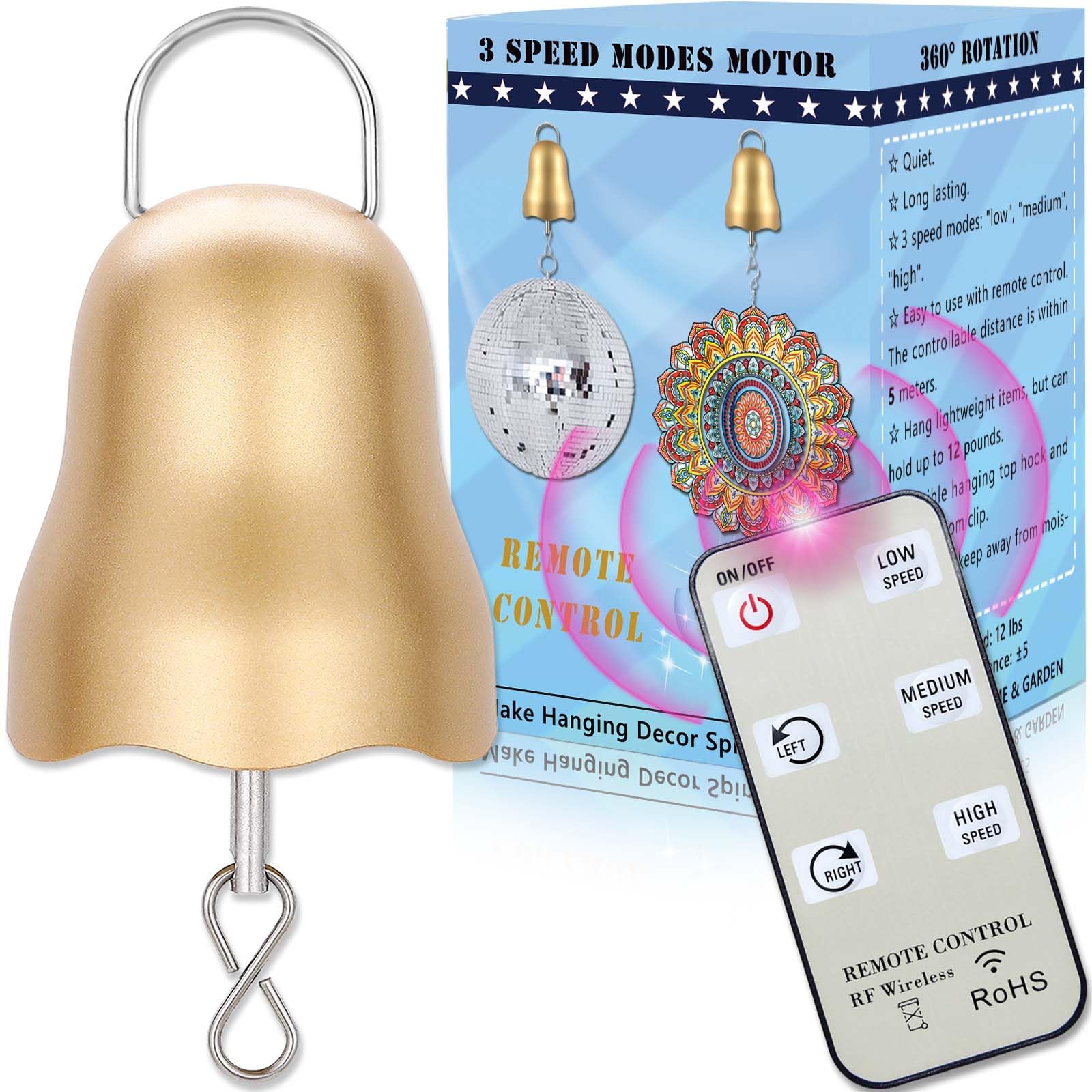SuLiao Wind Spinner, Slow Disco Ball Motor w/Remote Control, 3 Rotating Speed Modes - Gold Small Baby Crib Mobile Spinning Ornament Hanging Wind Chime