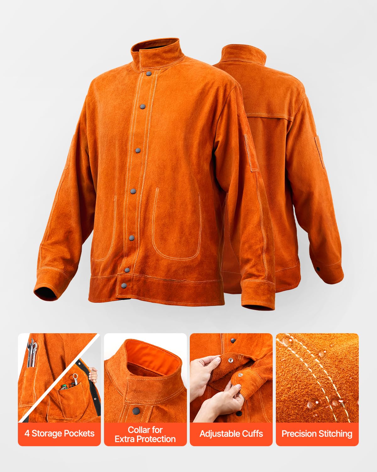 VEVOR Leather Welding Jacket, Heavy Duty Cowhide Flame Resistant Welding Coat, Waterproof Heat-Resistant Safety Jacket with 4 Pockets & Adjustable Cuffs for Welders Steelworks - XXL Size