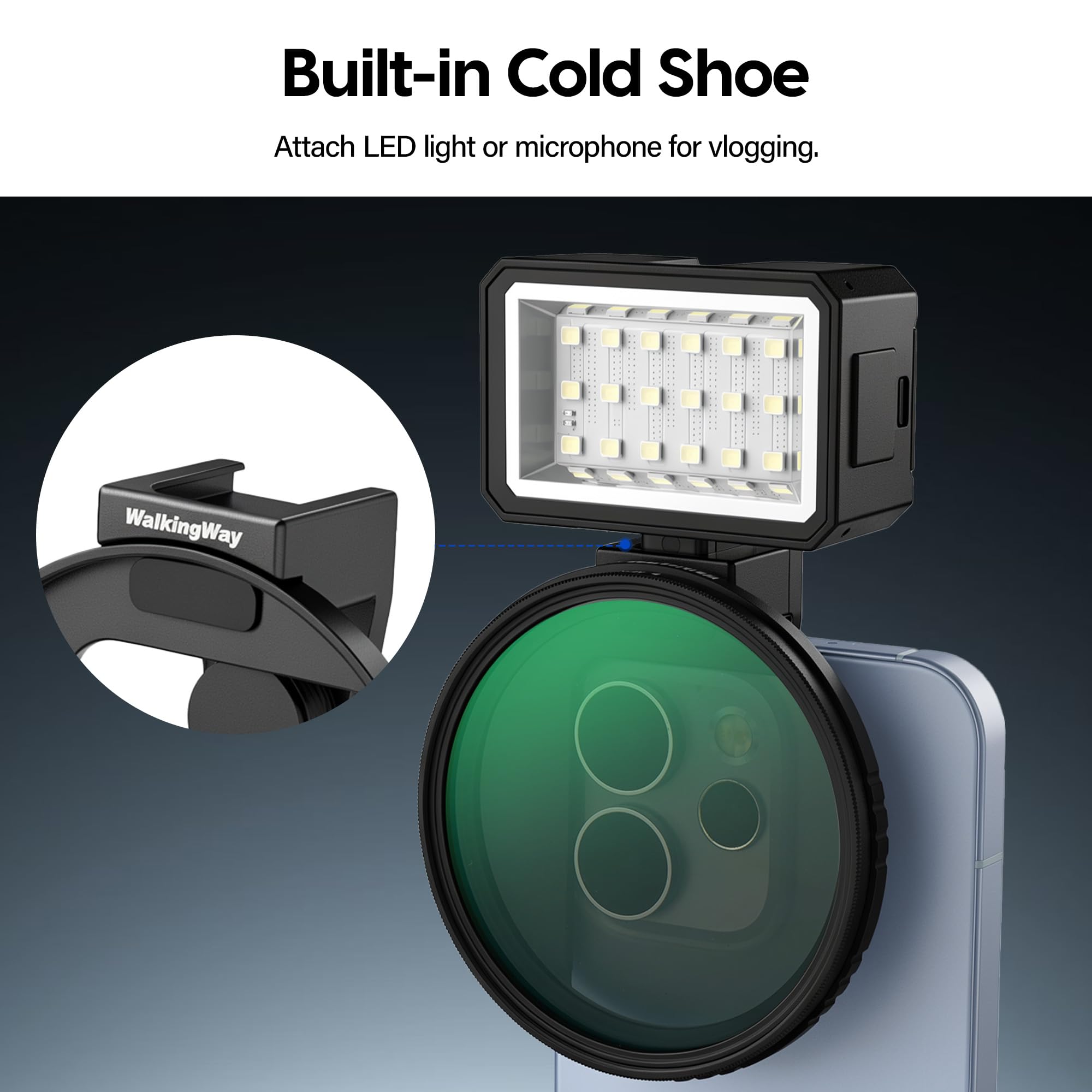 Walking Way Kit Filtro per Telefono 67mm – Clip Obiettivo Universale + Filtro Variabile ND2-32, Riduzione della Luce di 1-5 Stop con Slitta Fredda per Smartphone
