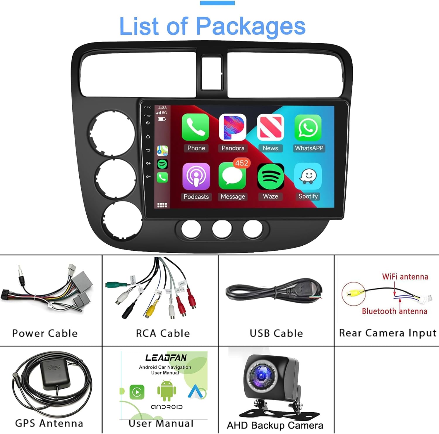 Leadfan Car Stereo Radio for Honda Civic 2001-2002 2003 2004 2005 Wireless CarPlay Android Auto, 9" IPS Touch Screen with WiFi GPS Navigation/Bluetooth/Mirror Link/FM/SWC/Back-up Camera/USB