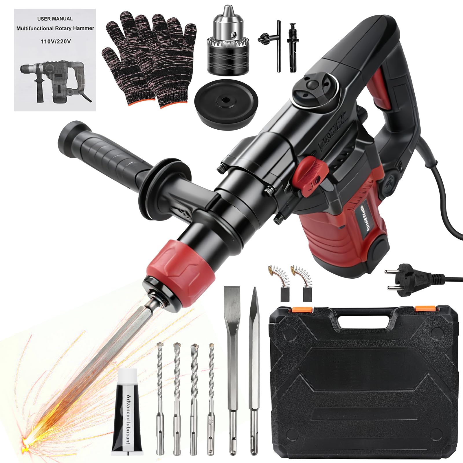 Martello Demolitore SDS-Plus 1300W, 6J Martello Perforatore con 6 velocità 4000RPM, SDS Plus Mandrino Autoserrante, Trapano elettrico 4 in 1 per professionisti e appassionati del fai da te