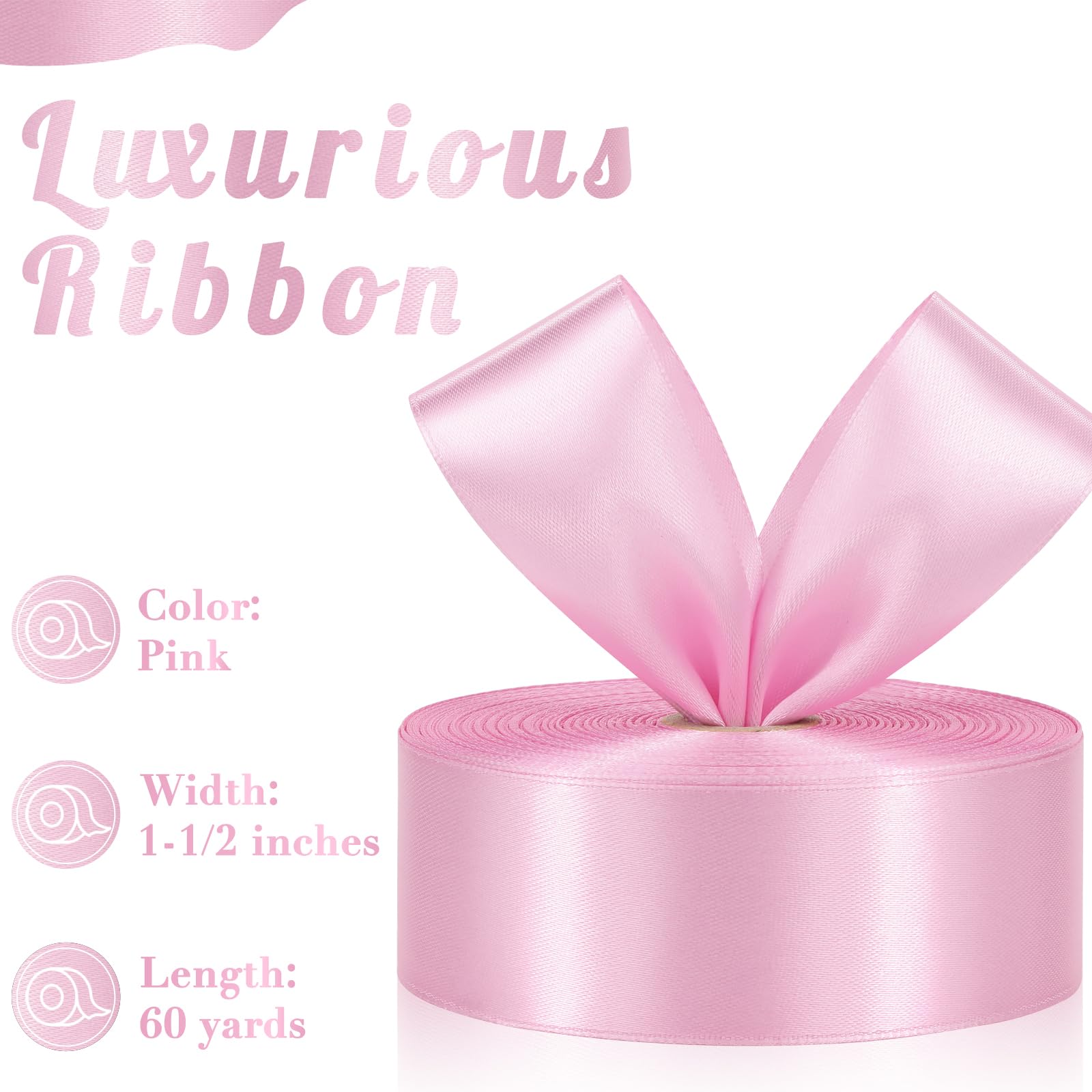 Cinta rosa de 1-1/2 pulgadas, 60 yardas de cinta de satén rosa para ramo de flores, cinta de tela para envolver regalos, manualidades de flores eternas, Navidad, boda, accesorios para el