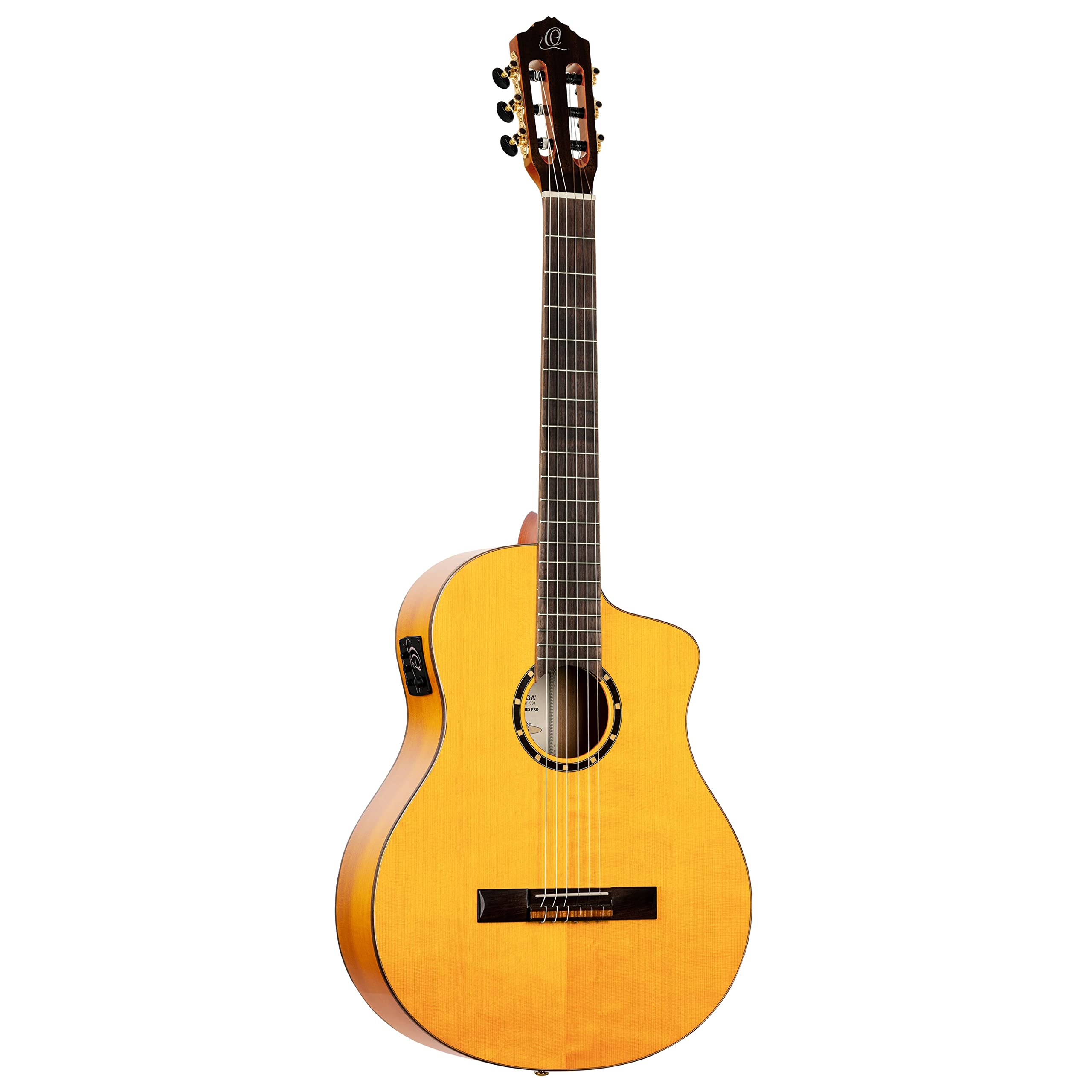 Ortega Guitars Family Series Pro - Guitarra de concierto Flamenco 4/4, electroacústica, pícea y ciprés con acabado brillante, color amarillo, incluye funda (RCE170F)