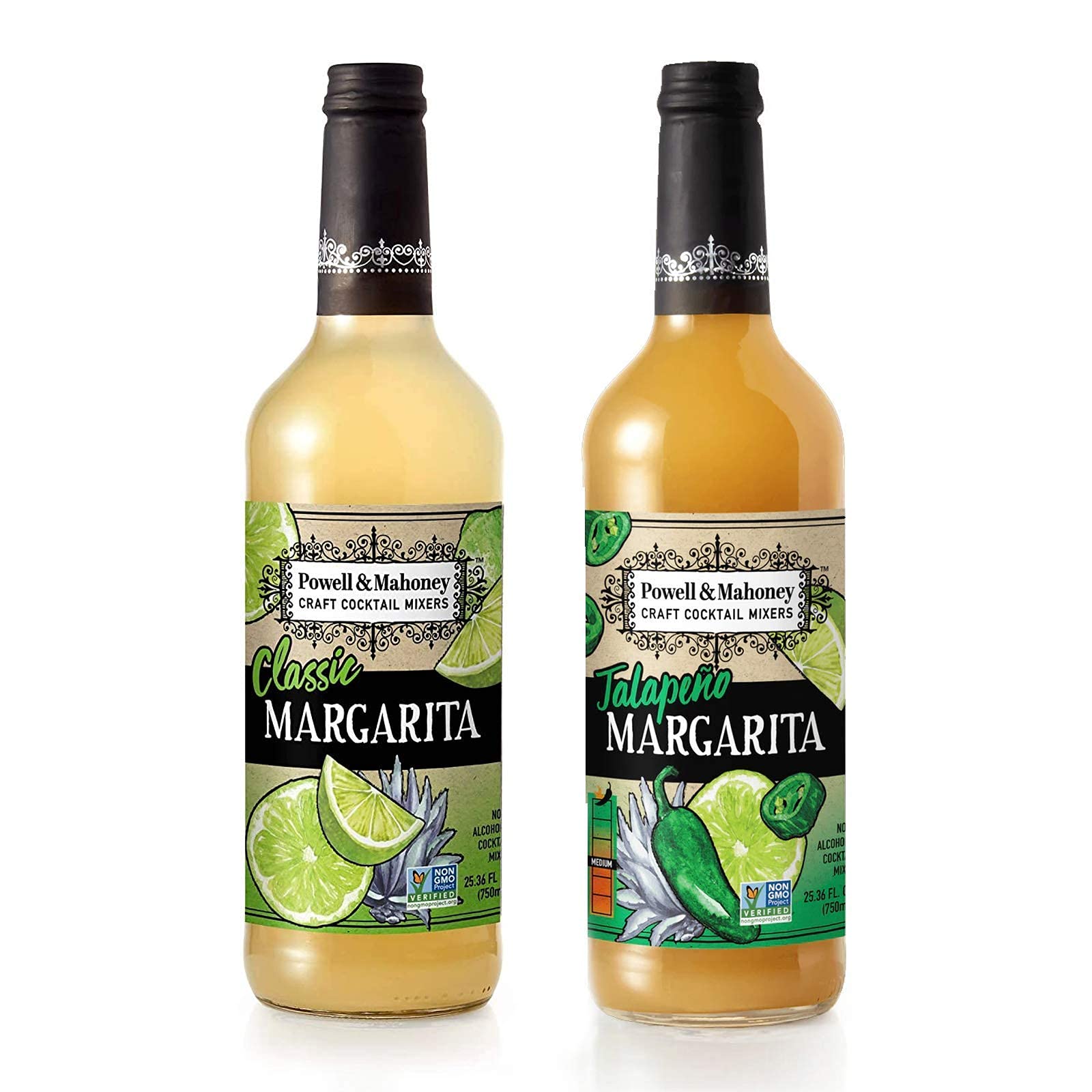 Powell and Mahoney Craft Cocktail Mixers - Classic Margarita and Jalapeño Margarita - Non-Alcoholic Cocktail Mix - Free from Artificial Sweeteners, Flavors and Preservatives - 750ml - Non-GMO