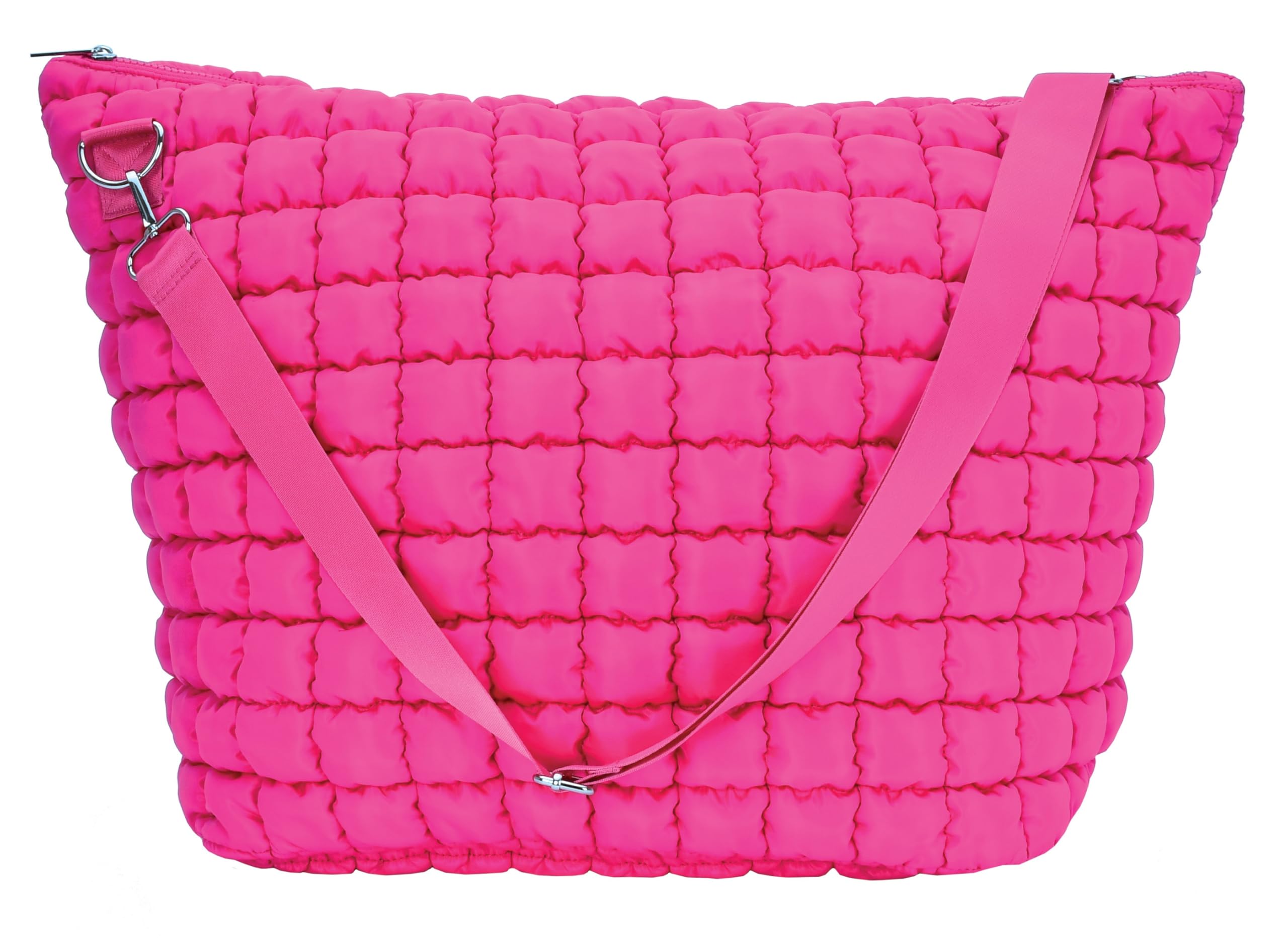 iscream 23" x 16" Puffy Quilted Roomy Travel Tote Bag with Zipper Closure and Adjustable Strap - Hot Pink